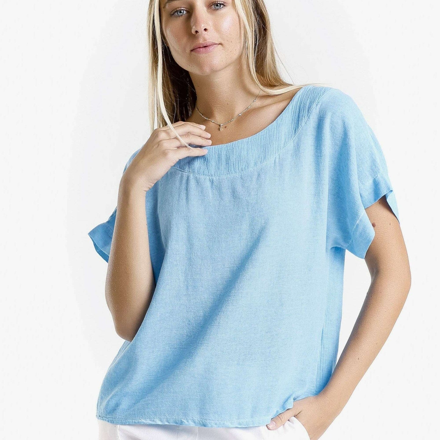 [TINA Stephens Italy/Tees By Tina - Gianna Short Sleeve Yoke Neck Top (BSS906): 447 Turq Enzyme / One Size], [], [TINA Stephens Italy/Tees By Tina], [Plum Bottom].