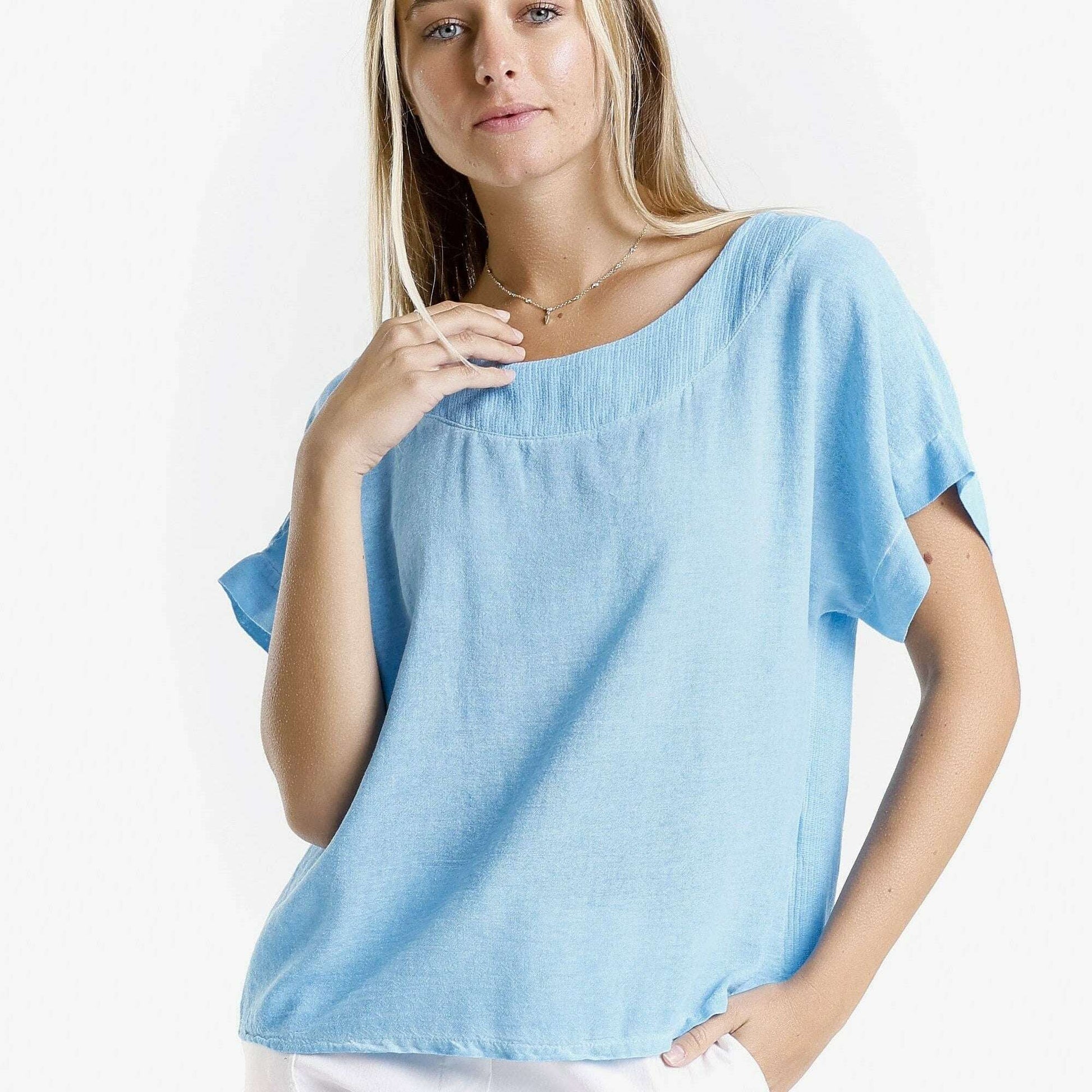 [TINA Stephens Italy/Tees By Tina - Gianna Short Sleeve Yoke Neck Top (BSS906): 447 Turq Enzyme / One Size], [], [TINA Stephens Italy/Tees By Tina], [Plum Bottom].