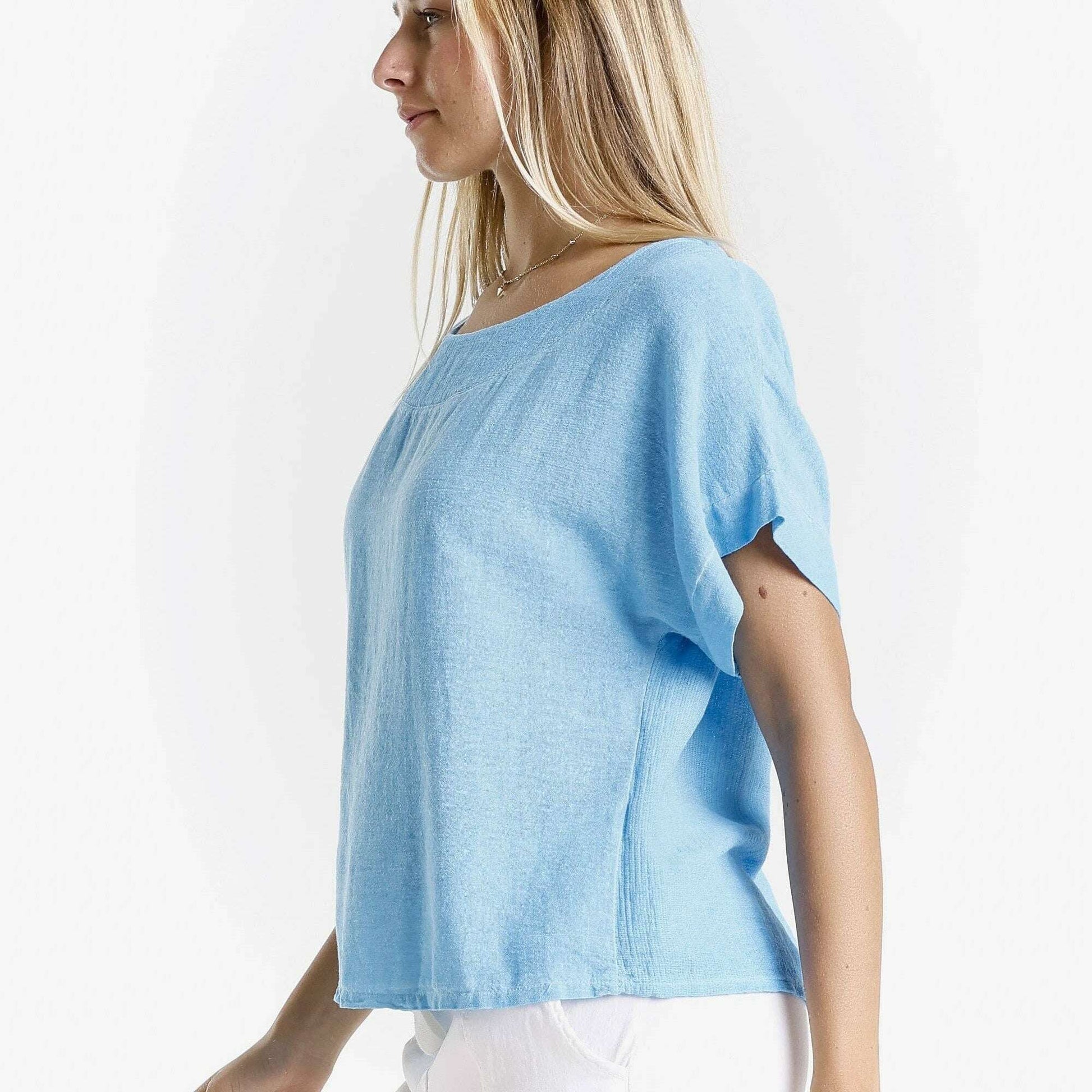 [TINA Stephens Italy/Tees By Tina - Gianna Short Sleeve Yoke Neck Top (BSS906): 447 Turq Enzyme / One Size], [], [TINA Stephens Italy/Tees By Tina], [Plum Bottom].