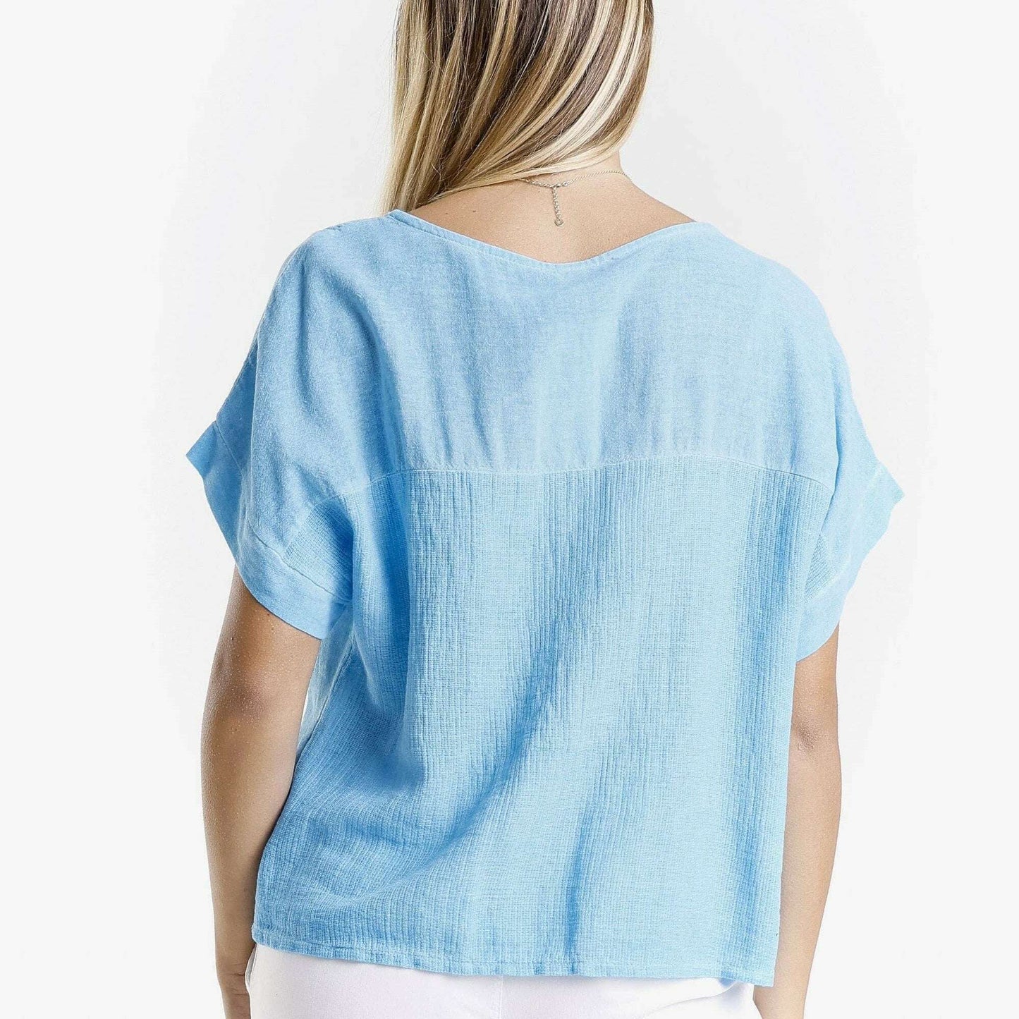 [TINA Stephens Italy/Tees By Tina - Gianna Short Sleeve Yoke Neck Top (BSS906): 447 Turq Enzyme / One Size], [], [TINA Stephens Italy/Tees By Tina], [Plum Bottom].