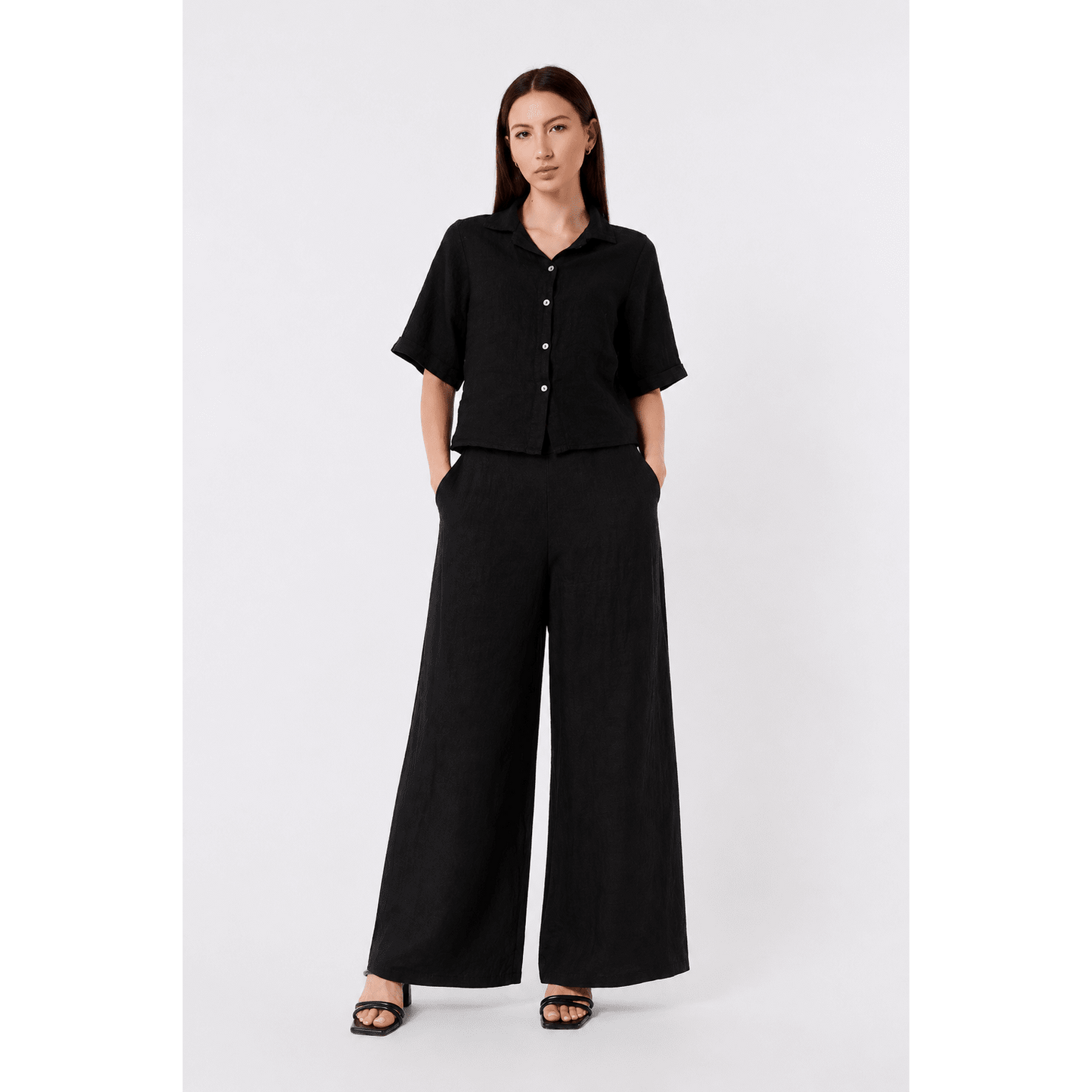 TINA STEPHENS ITALY Graciela Flat Front Linen Palazzo Pant Black, CLOTHING, TINA Stephens Italy/Tees By Tina, Plum Bottom