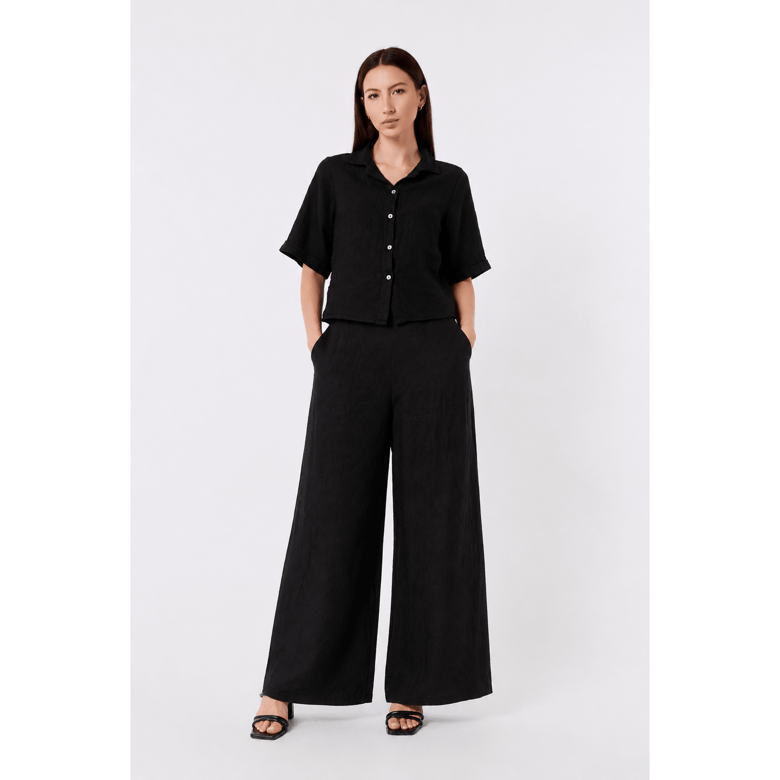 TINA STEPHENS ITALY Graciela Flat Front Linen Palazzo Pant Black, CLOTHING, TINA Stephens Italy/Tees By Tina, Plum Bottom