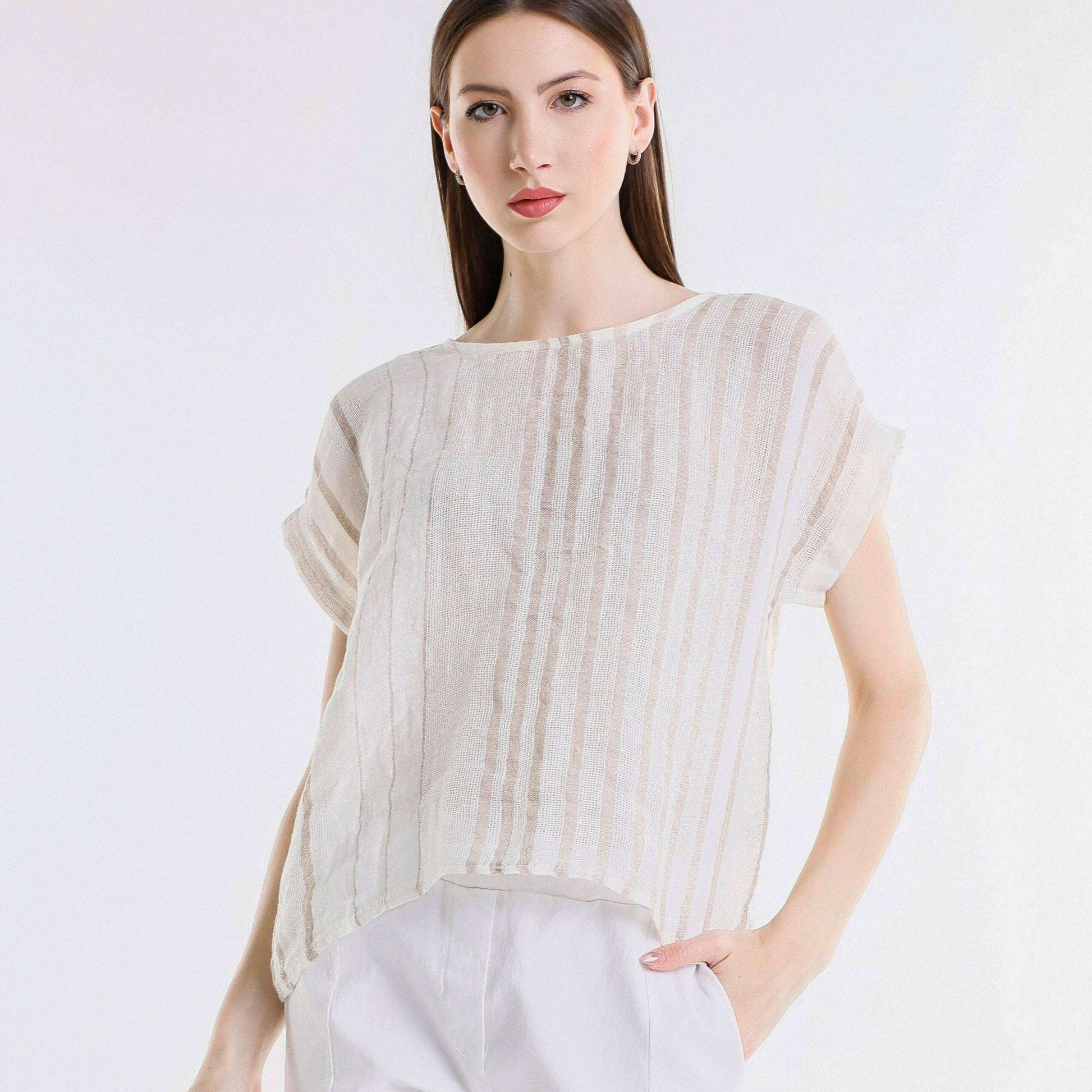 [TINA Stephens Italy/Tees By Tina - Heidi Short Sleeve Specialty Linen Striped Top (BSS914): 109B Natural w/ Beige / One Size], [CLOTHING], [TINA Stephens Italy/Tees By Tina], [Plum Bottom].