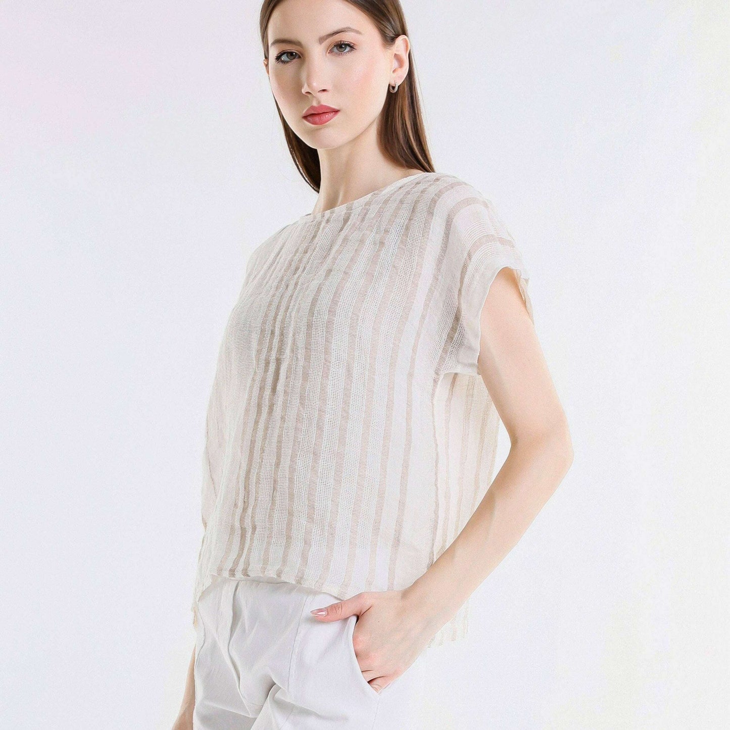 [TINA Stephens Italy/Tees By Tina - Heidi Short Sleeve Specialty Linen Striped Top (BSS914): 109B Natural w/ Beige / One Size], [CLOTHING], [TINA Stephens Italy/Tees By Tina], [Plum Bottom].