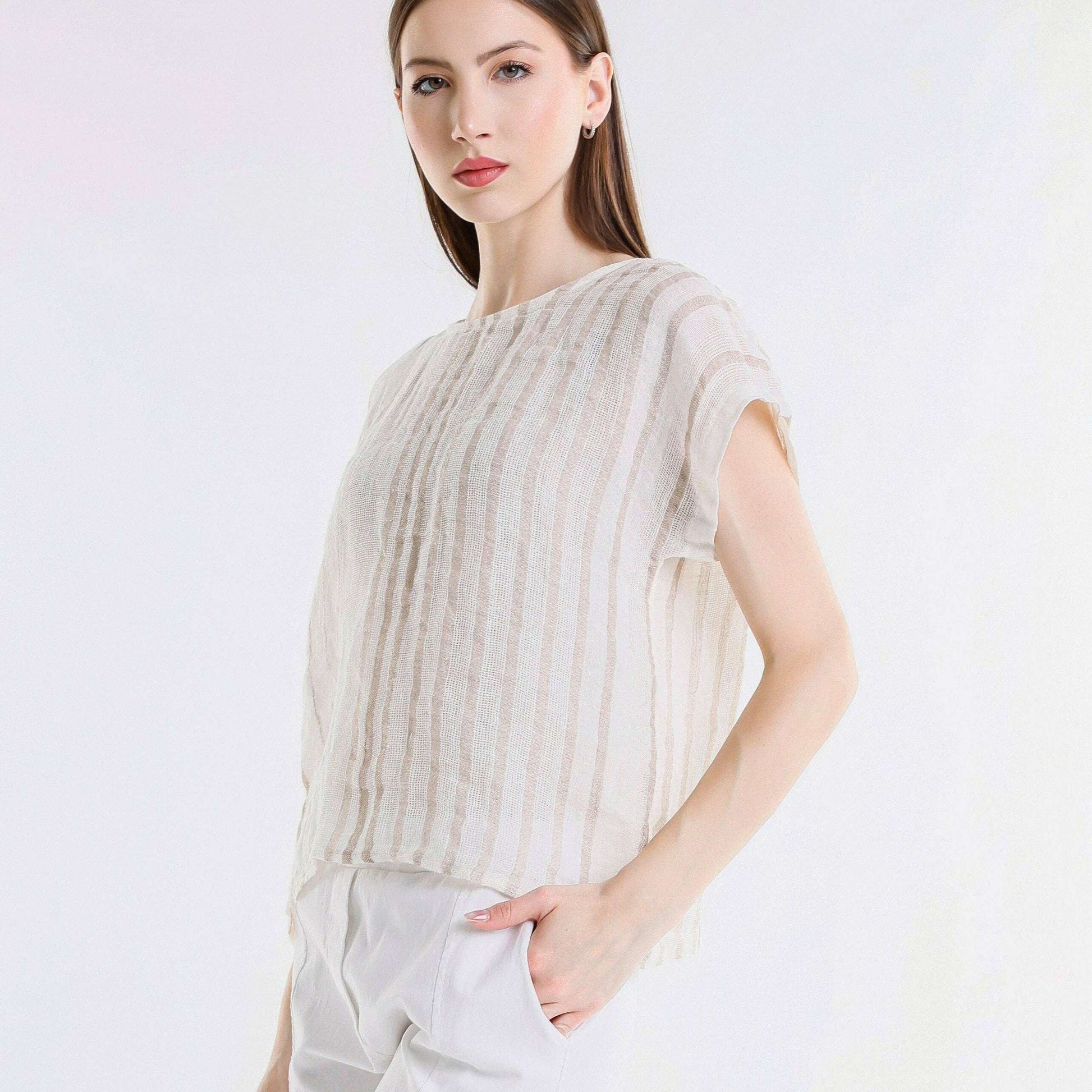 [TINA Stephens Italy/Tees By Tina - Heidi Short Sleeve Specialty Linen Striped Top (BSS914): 109B Natural w/ Beige / One Size], [CLOTHING], [TINA Stephens Italy/Tees By Tina], [Plum Bottom].