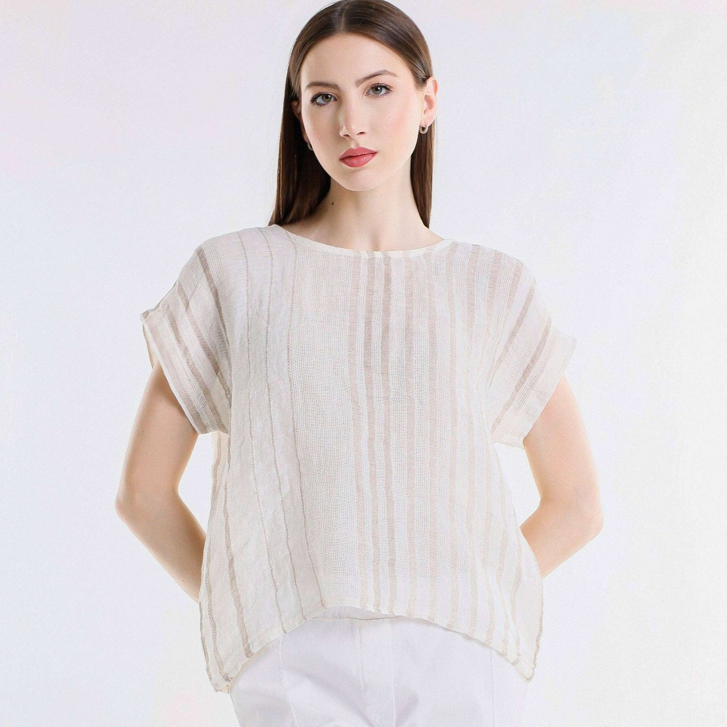 [TINA Stephens Italy/Tees By Tina - Heidi Short Sleeve Specialty Linen Striped Top (BSS914): 109B Natural w/ Beige / One Size], [CLOTHING], [TINA Stephens Italy/Tees By Tina], [Plum Bottom].