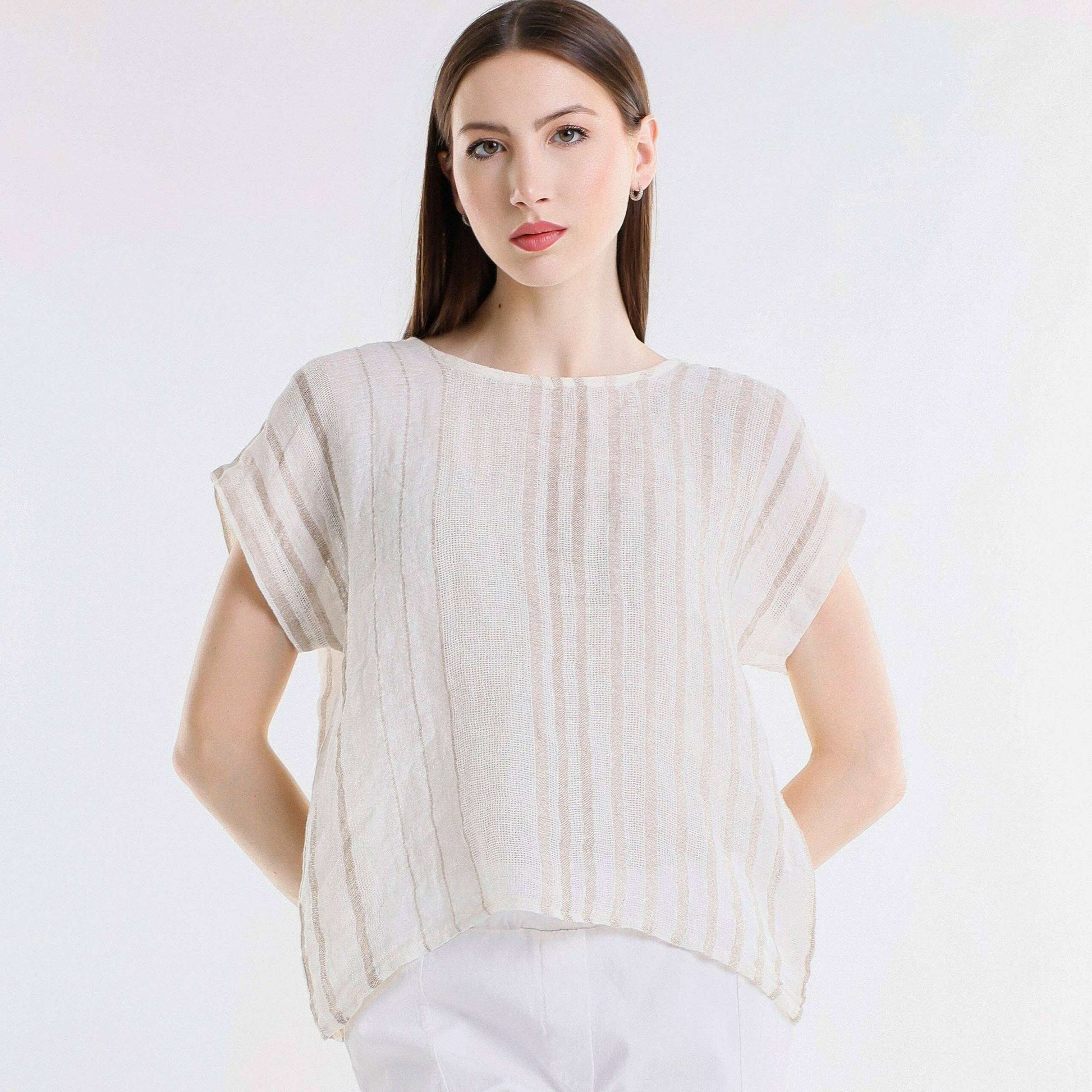 [TINA Stephens Italy/Tees By Tina - Heidi Short Sleeve Specialty Linen Striped Top (BSS914): 109B Natural w/ Beige / One Size], [CLOTHING], [TINA Stephens Italy/Tees By Tina], [Plum Bottom].