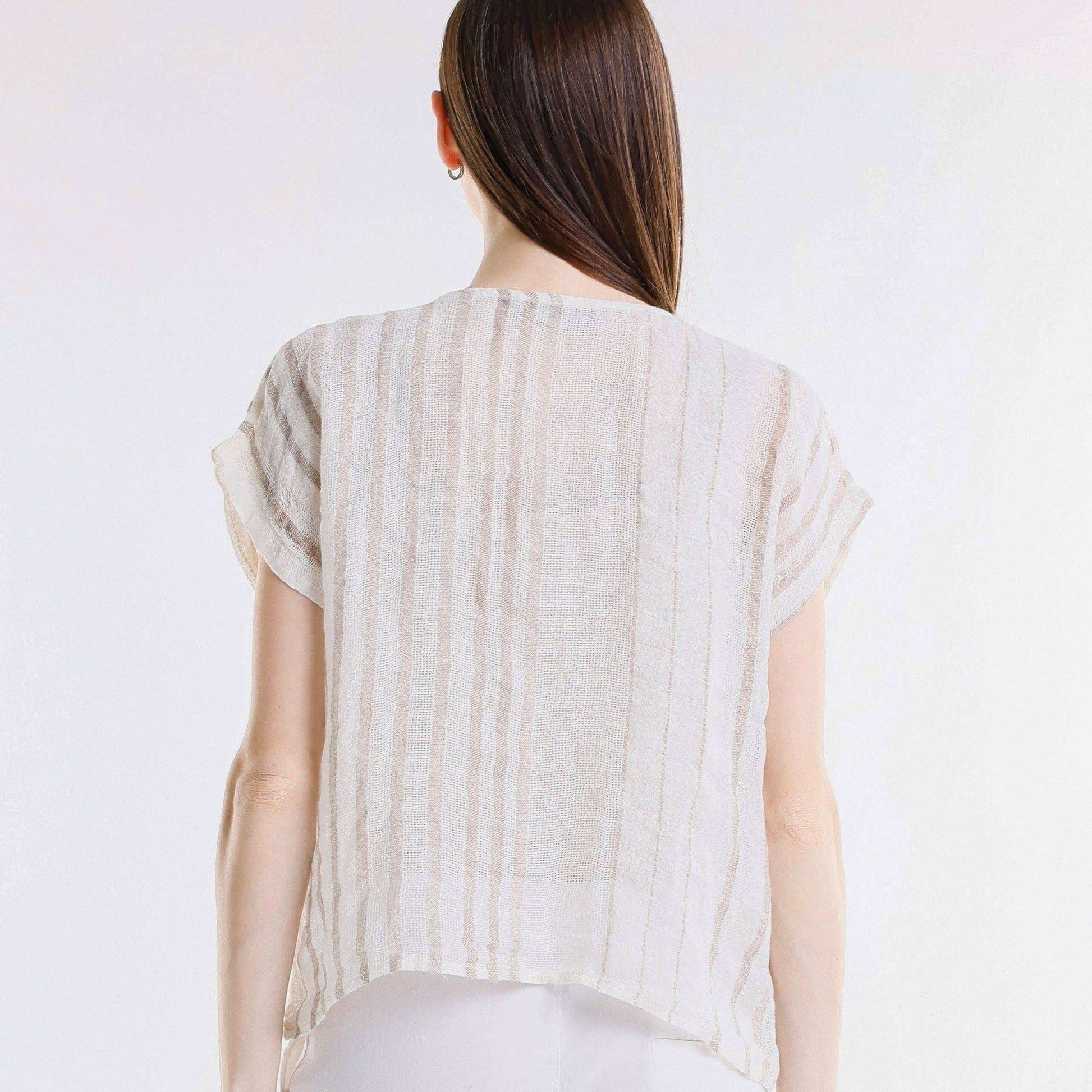 [TINA Stephens Italy/Tees By Tina - Heidi Short Sleeve Specialty Linen Striped Top (BSS914): 109B Natural w/ Beige / One Size], [CLOTHING], [TINA Stephens Italy/Tees By Tina], [Plum Bottom].