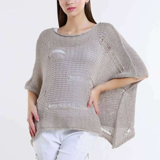 [TINA Stephens Italy/Tees By Tina - Jean Elbow Slv Open Bar Knit Top (BQ909): 109 Natural / One Size], [], [TINA Stephens Italy/Tees By Tina], [Plum Bottom].