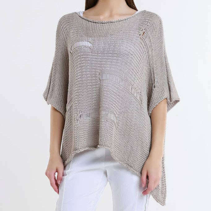 [TINA Stephens Italy/Tees By Tina - Jean Elbow Slv Open Bar Knit Top (BQ909): 109 Natural / One Size], [], [TINA Stephens Italy/Tees By Tina], [Plum Bottom].