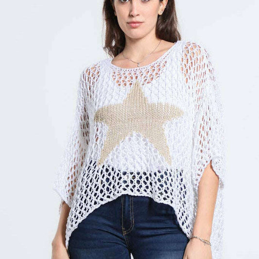 [TINA Stephens Italy/Tees By Tina - Kelsey Open Knit Star Sweater (BSS302): 100 White], [], [TINA Stephens Italy/Tees By Tina], [Plum Bottom].