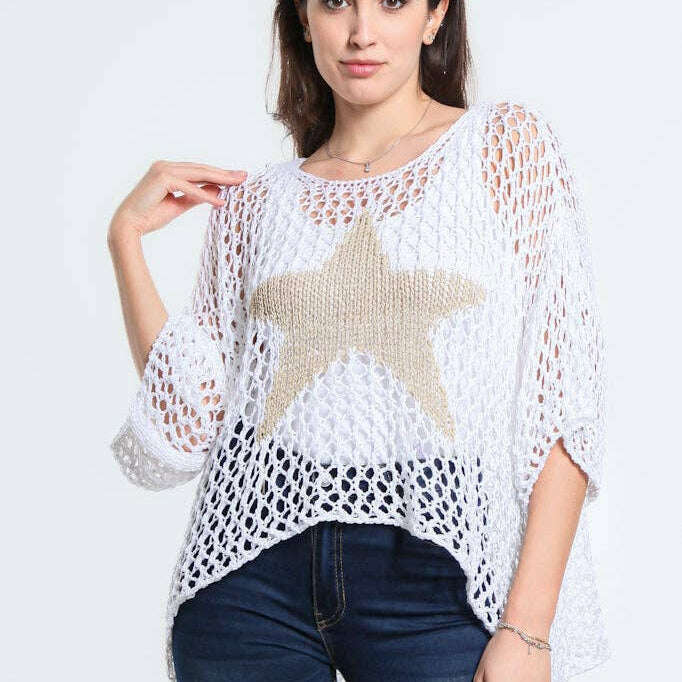 [TINA Stephens Italy/Tees By Tina - Kelsey Open Knit Star Sweater (BSS302): 100 White], [], [TINA Stephens Italy/Tees By Tina], [Plum Bottom].