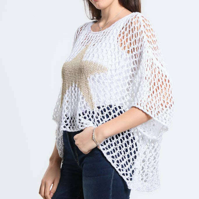 [TINA Stephens Italy/Tees By Tina - Kelsey Open Knit Star Sweater (BSS302): 100 White], [], [TINA Stephens Italy/Tees By Tina], [Plum Bottom].