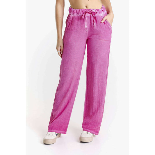 [TINA Stephens Italy/Tees By Tina - Leilana Linen-Cotton Pant with Satin Trim (PL199): 673 Fuchsia Enzyme / Size 1], [], [TINA Stephens Italy/Tees By Tina], [Plum Bottom].