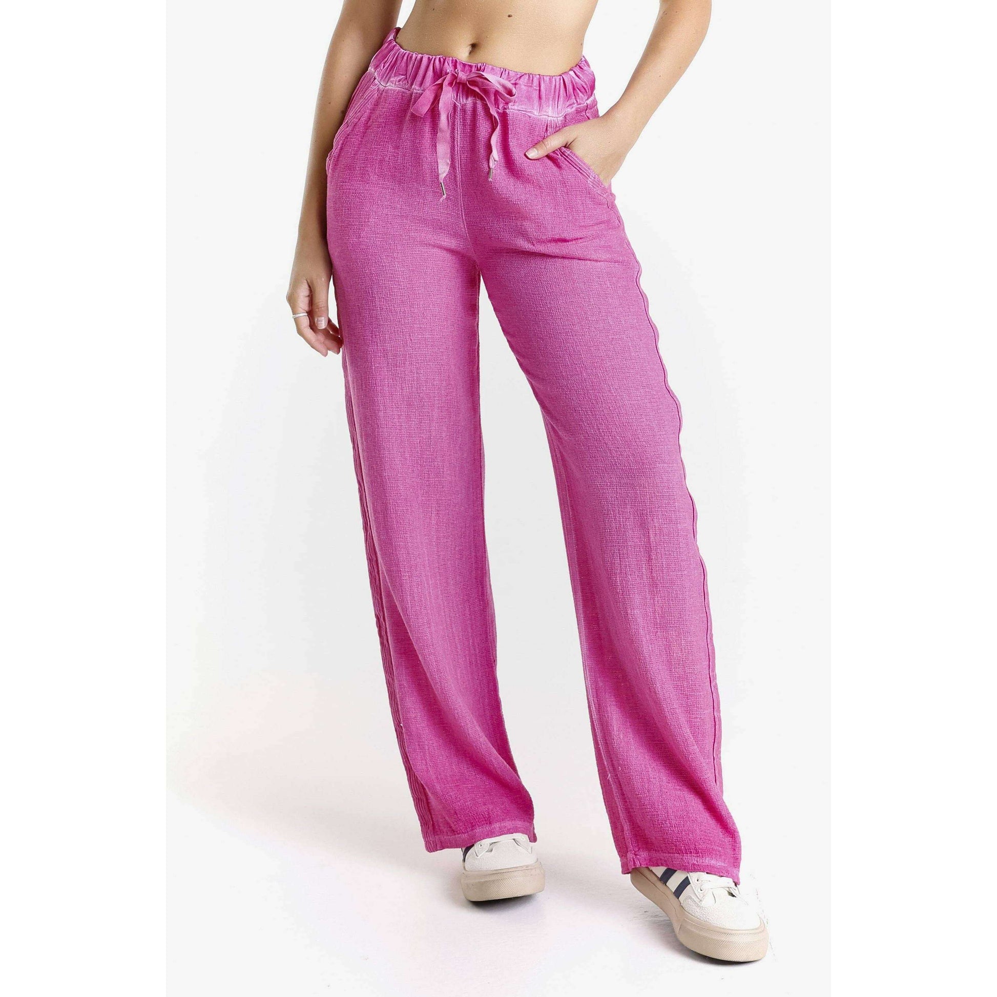 [TINA Stephens Italy/Tees By Tina - Leilana Linen-Cotton Pant with Satin Trim (PL199): 673 Fuchsia Enzyme / Size 1], [], [TINA Stephens Italy/Tees By Tina], [Plum Bottom].