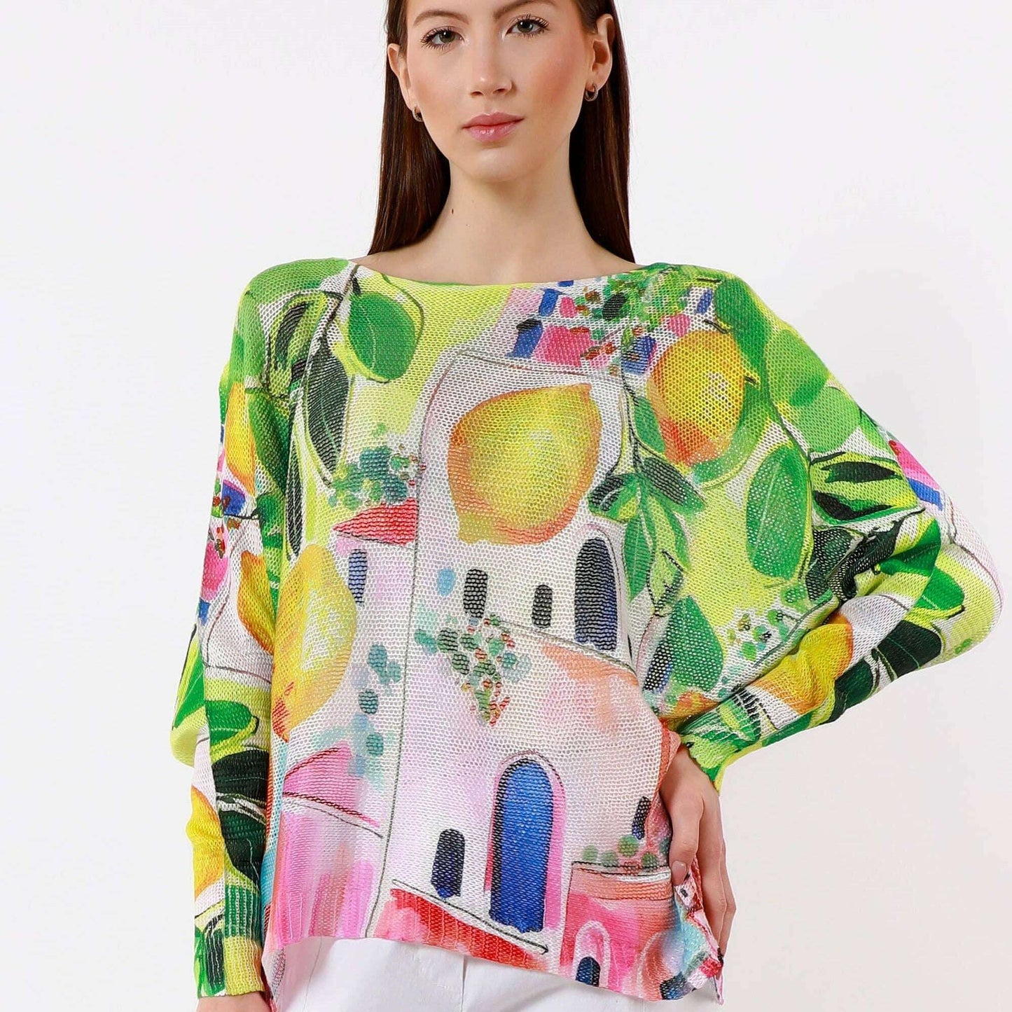 [TINA Stephens Italy/Tees By Tina - Lemoncello Danielle Batwing Open Knit Sweater (BLS424LC): 755 Yellow Multi / One Size], [], [TINA Stephens Italy/Tees By Tina], [Plum Bottom].