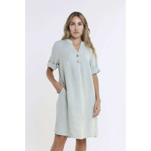 [TINA Stephens Italy/Tees By Tina - Lizzie Short Sleeve Linen Placket Dress (DSS140): 316 Olive / One Size], [CLOTHING], [TINA Stephens Italy/Tees By Tina], [Plum Bottom].
