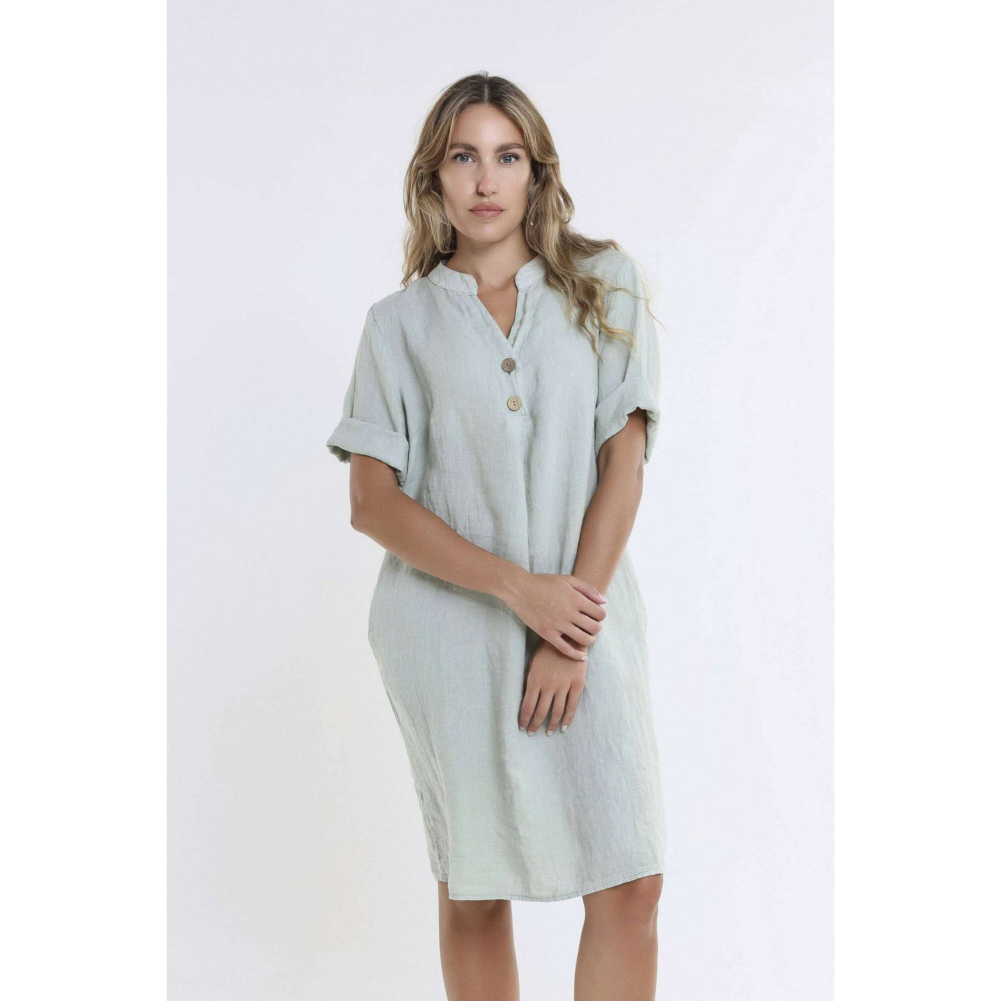 [TINA Stephens Italy/Tees By Tina - Lizzie Short Sleeve Linen Placket Dress (DSS140): 316 Olive / One Size], [CLOTHING], [TINA Stephens Italy/Tees By Tina], [Plum Bottom].