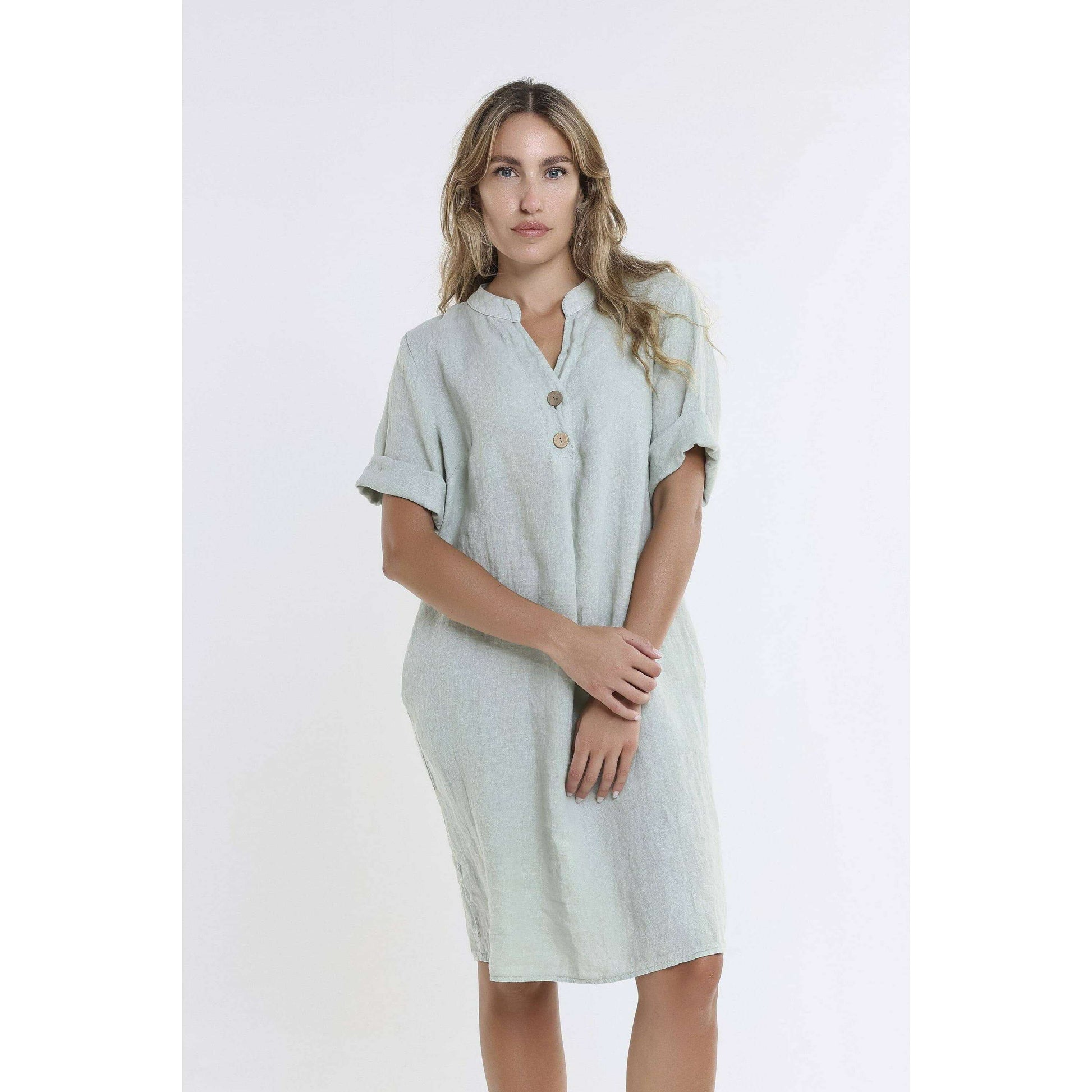 [TINA Stephens Italy/Tees By Tina - Lizzie Short Sleeve Linen Placket Dress (DSS140): 316 Olive / One Size], [CLOTHING], [TINA Stephens Italy/Tees By Tina], [Plum Bottom].
