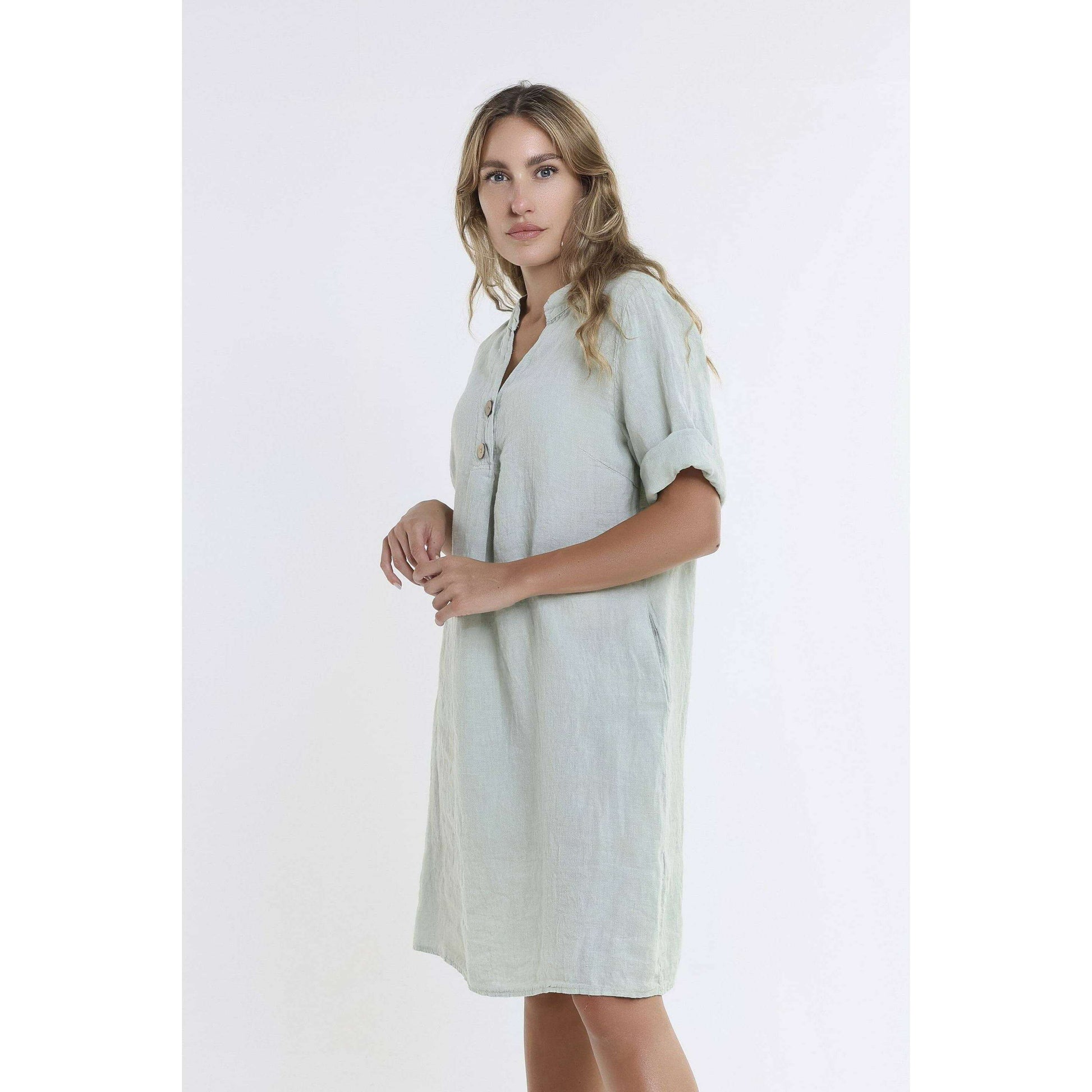 [TINA Stephens Italy/Tees By Tina - Lizzie Short Sleeve Linen Placket Dress (DSS140): 316 Olive / One Size], [CLOTHING], [TINA Stephens Italy/Tees By Tina], [Plum Bottom].