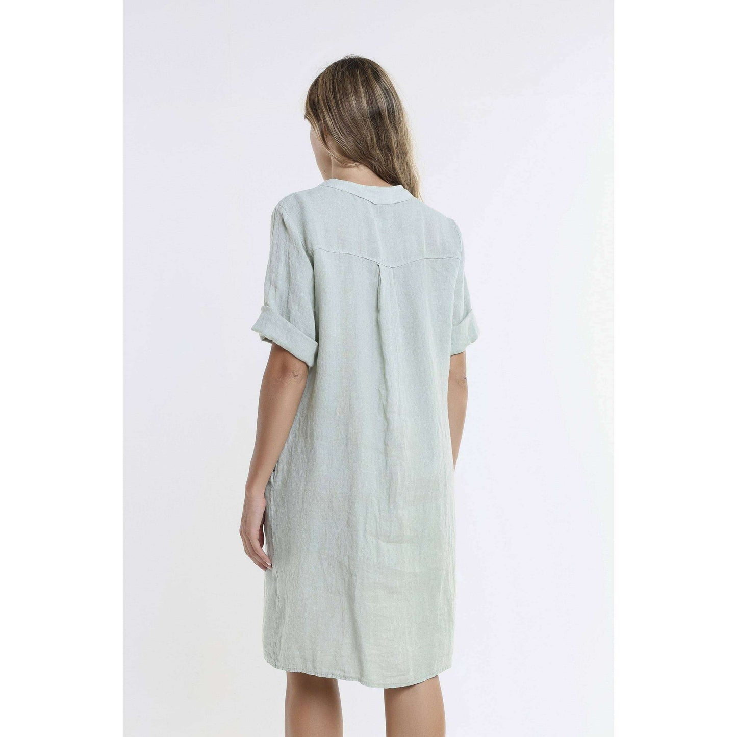 [TINA Stephens Italy/Tees By Tina - Lizzie Short Sleeve Linen Placket Dress (DSS140): 316 Olive / One Size], [CLOTHING], [TINA Stephens Italy/Tees By Tina], [Plum Bottom].