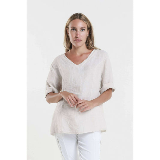 [TINA Stephens Italy/Tees By Tina - Lula Short Sleeve V-Neck Linen Side Seam Top (BSS198): 250 Beige / One Size], [CLOTHING], [TINA Stephens Italy/Tees By Tina], [Plum Bottom].