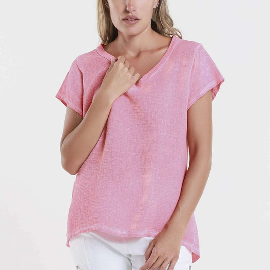 [TINA Stephens Italy/Tees By Tina - Nola Cotton/Linen V-Neck Top (BSS207): 815 Coral Enzyme / M/L], [], [TINA Stephens Italy/Tees By Tina], [Plum Bottom].
