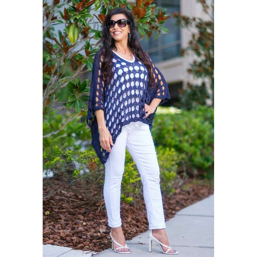 [TINA Stephens Italy/Tees By Tina - Oceana Circle Open Knit Topper (BQ904): 409 Navy], [CLOTHING], [TINA Stephens Italy/Tees By Tina], [Plum Bottom].