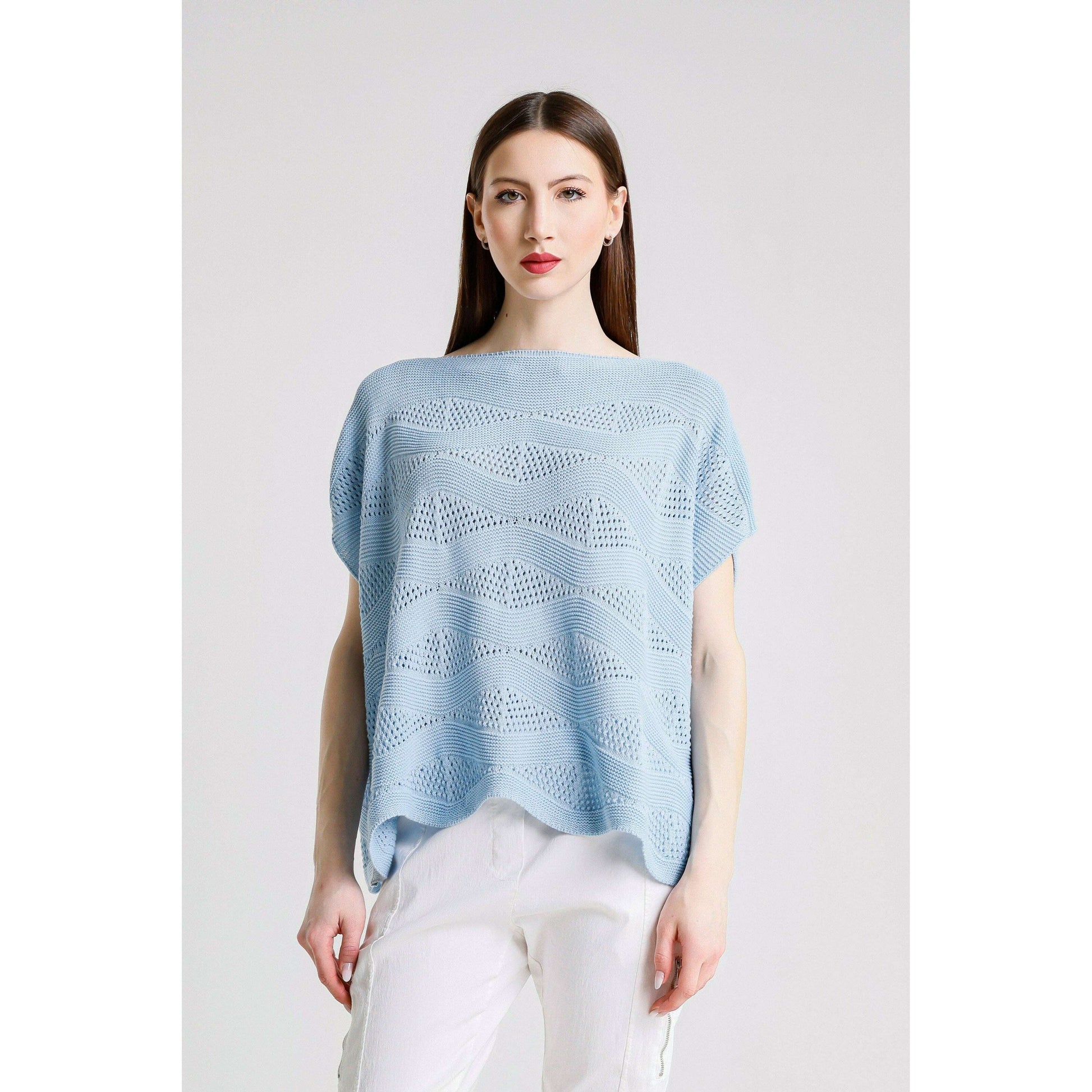 TINA STEPHENS ITALY Patsy Short Sleeve Wave Knit Sweater Sky Blue, CLOTHING, TINA Stephens Italy/Tees By Tina, Plum Bottom