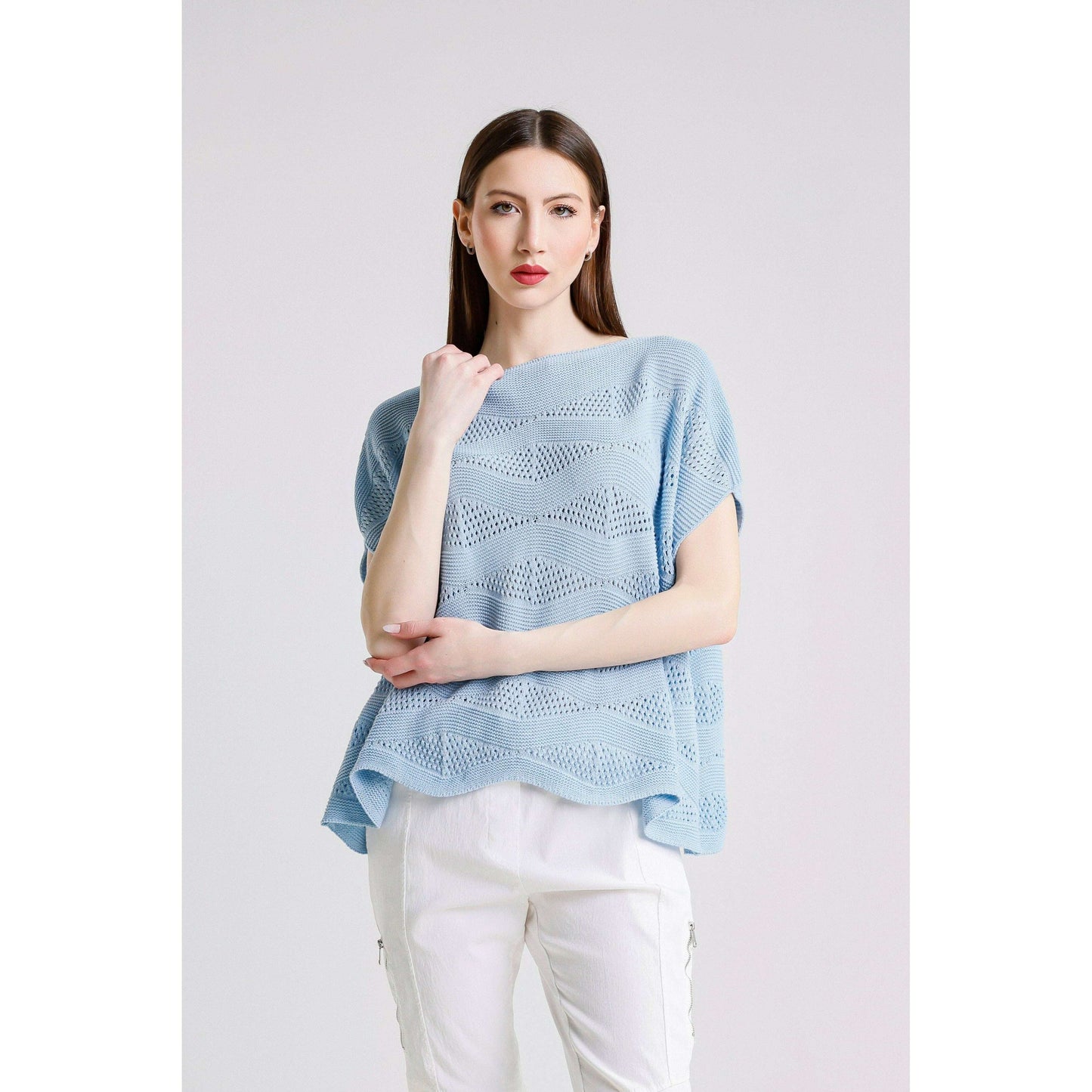 TINA STEPHENS ITALY Patsy Short Sleeve Wave Knit Sweater Sky Blue, CLOTHING, TINA Stephens Italy/Tees By Tina, Plum Bottom