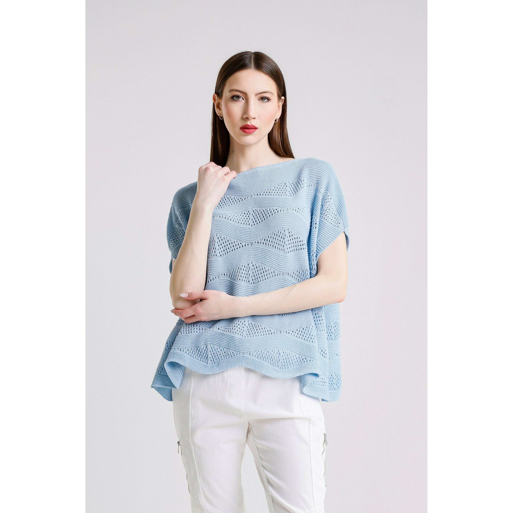 TINA STEPHENS ITALY Patsy Short Sleeve Wave Knit Sweater Sky Blue, CLOTHING, TINA Stephens Italy/Tees By Tina, Plum Bottom