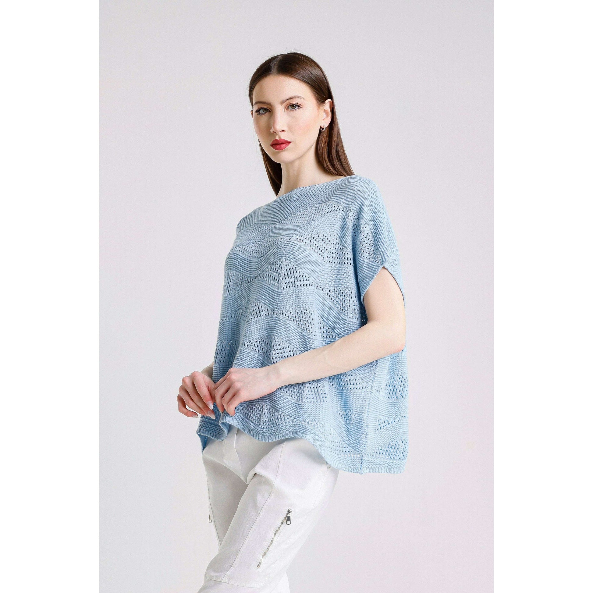 TINA STEPHENS ITALY Patsy Short Sleeve Wave Knit Sweater Sky Blue, CLOTHING, TINA Stephens Italy/Tees By Tina, Plum Bottom