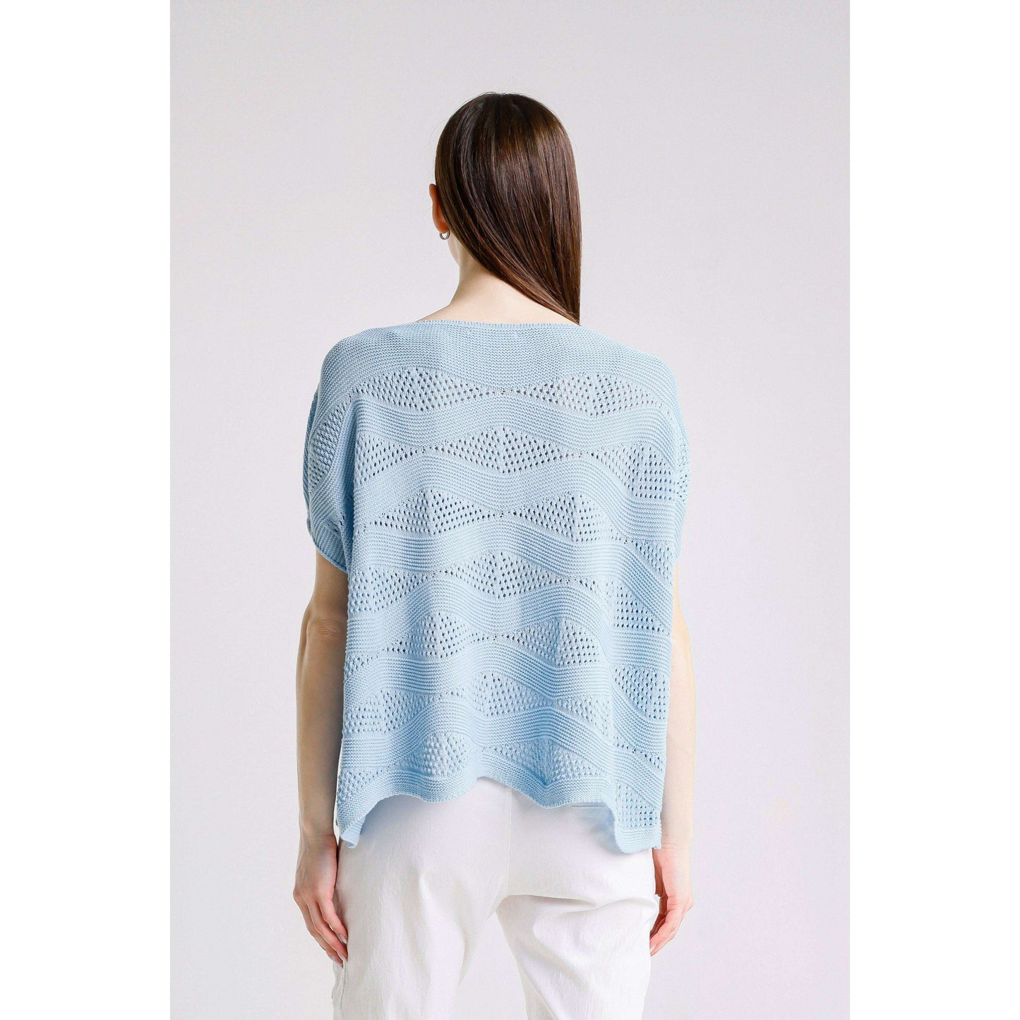 TINA STEPHENS ITALY Patsy Short Sleeve Wave Knit Sweater Sky Blue, CLOTHING, TINA Stephens Italy/Tees By Tina, Plum Bottom