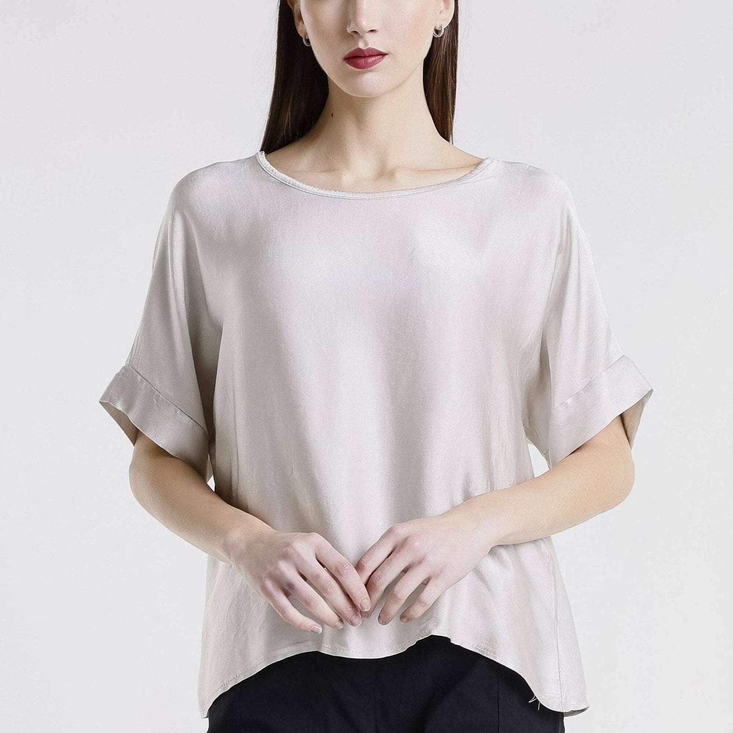 [TINA Stephens Italy/Tees By Tina - Venus Viscose Sheen Top (BSS235): 233 Champagne / One Size], [], [TINA Stephens Italy/Tees By Tina], [Plum Bottom].