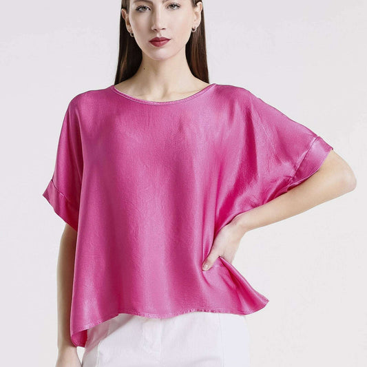 [TINA Stephens Italy/Tees By Tina - Venus Viscose Sheen Top (BSS235): 672 Fuchsia / One Size], [], [TINA Stephens Italy/Tees By Tina], [Plum Bottom].