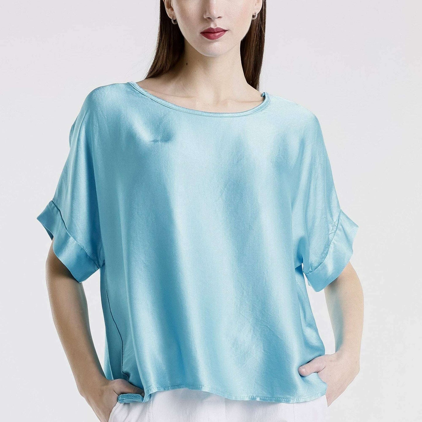 [TINA Stephens Italy/Tees By Tina - Venus Viscose Sheen Top (BSS235): 440 Turq / One Size], [], [TINA Stephens Italy/Tees By Tina], [Plum Bottom].