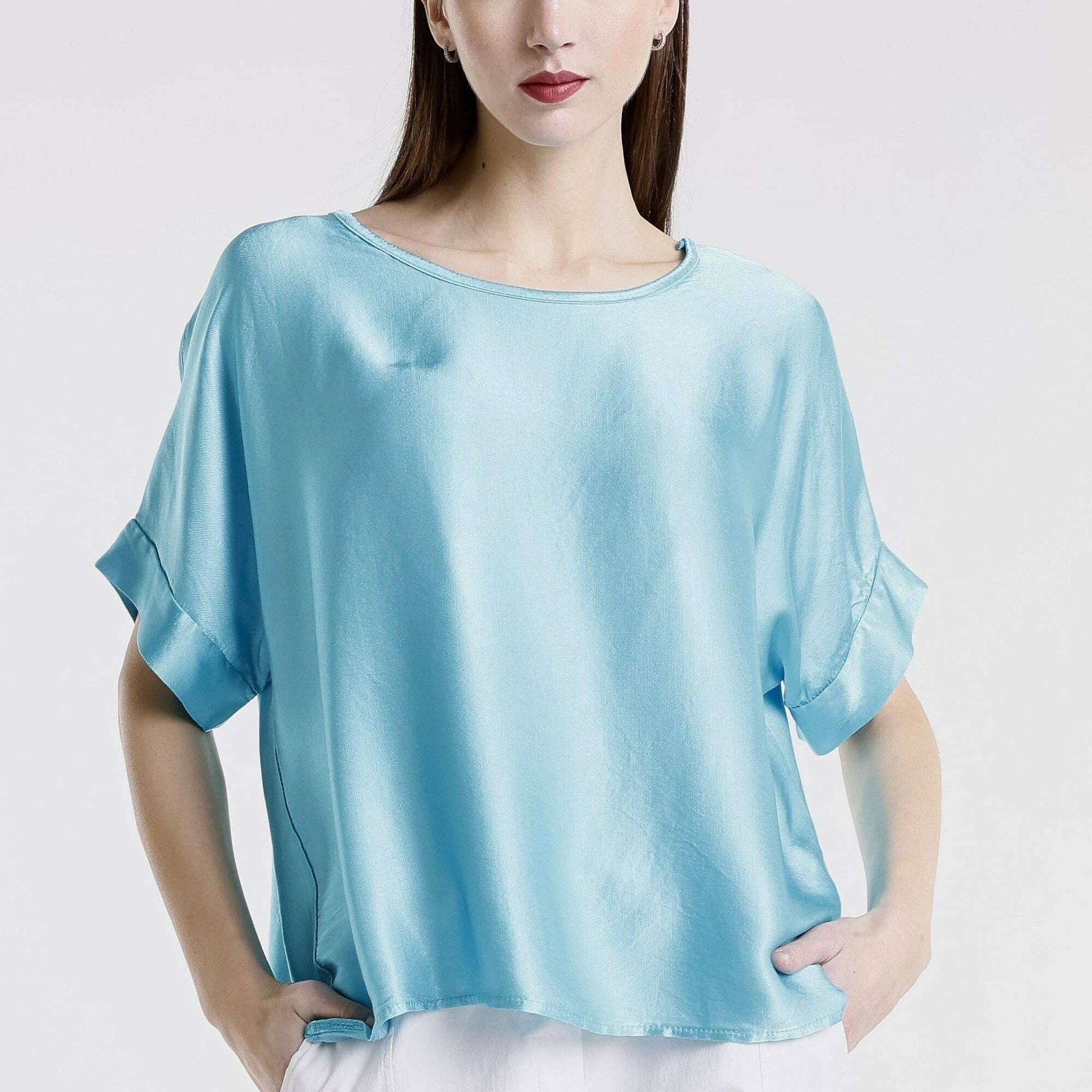 [TINA Stephens Italy/Tees By Tina - Venus Viscose Sheen Top (BSS235): 440 Turq / One Size], [], [TINA Stephens Italy/Tees By Tina], [Plum Bottom].