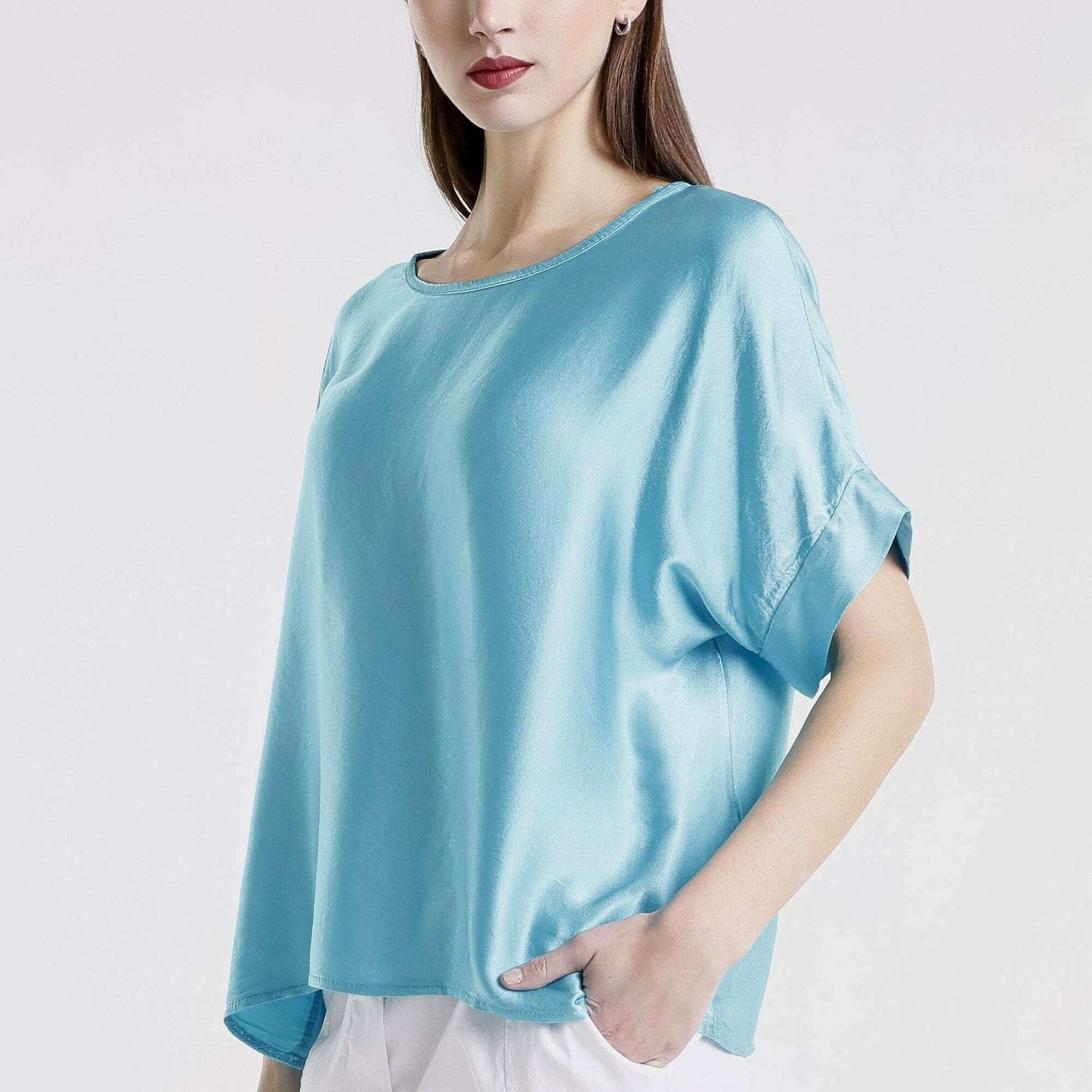 [TINA Stephens Italy/Tees By Tina - Venus Viscose Sheen Top (BSS235): 440 Turq / One Size], [], [TINA Stephens Italy/Tees By Tina], [Plum Bottom].