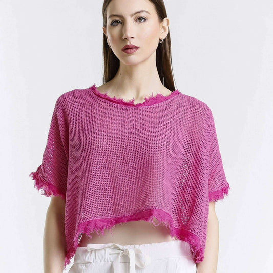 [TINA Stephens Italy/Tees By Tina - Yvonne Short Sleeve Linen Fringe Top (BSS905): 672 Fuchsia / One Size], [CLOTHING], [TINA Stephens Italy/Tees By Tina], [Plum Bottom].