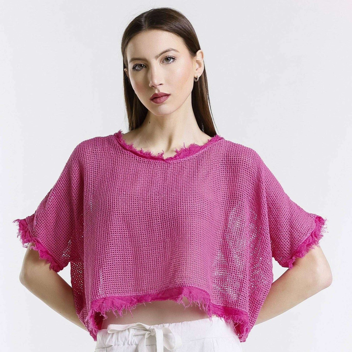 [TINA Stephens Italy/Tees By Tina - Yvonne Short Sleeve Linen Fringe Top (BSS905): 672 Fuchsia / One Size], [CLOTHING], [TINA Stephens Italy/Tees By Tina], [Plum Bottom].