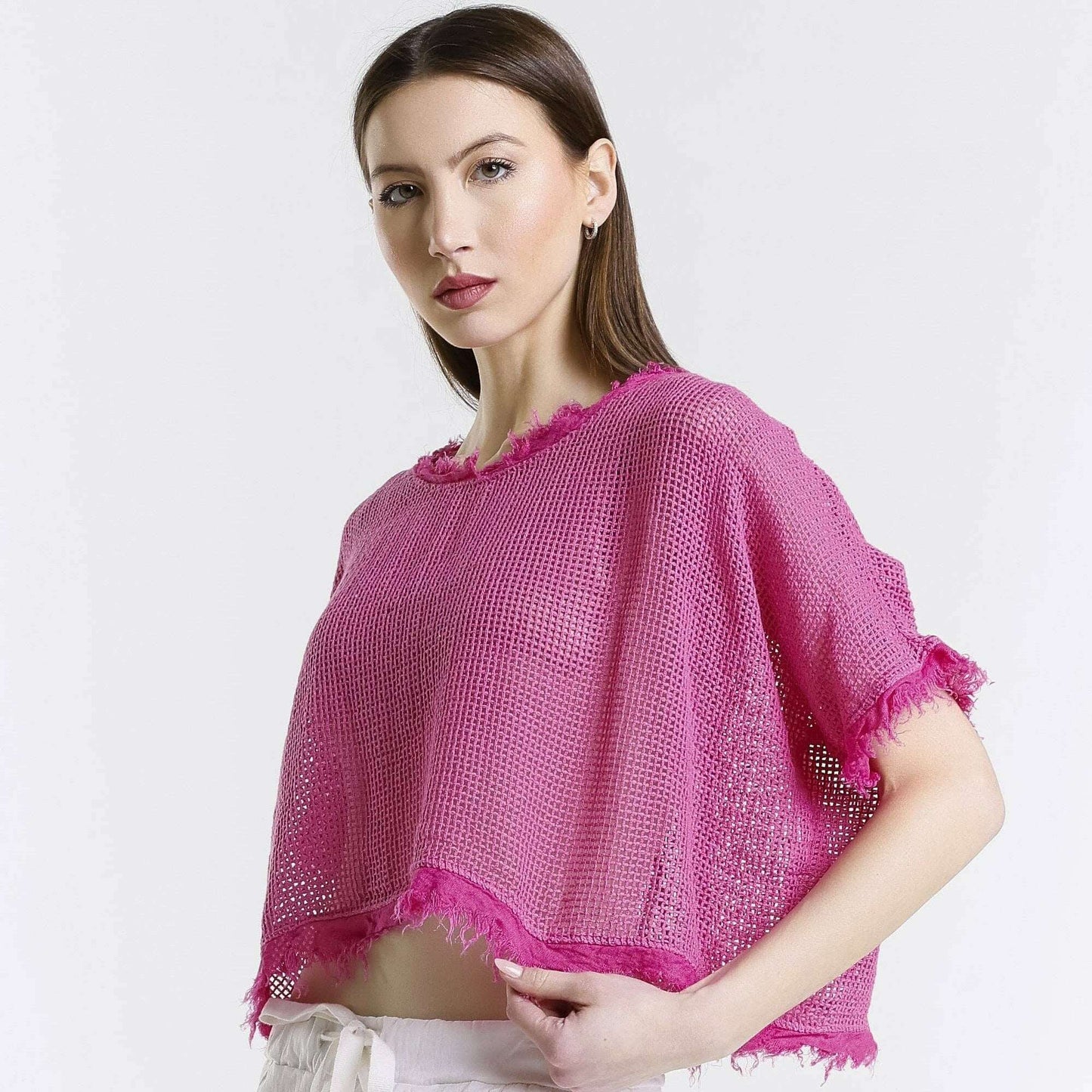 [TINA Stephens Italy/Tees By Tina - Yvonne Short Sleeve Linen Fringe Top (BSS905): 672 Fuchsia / One Size], [CLOTHING], [TINA Stephens Italy/Tees By Tina], [Plum Bottom].