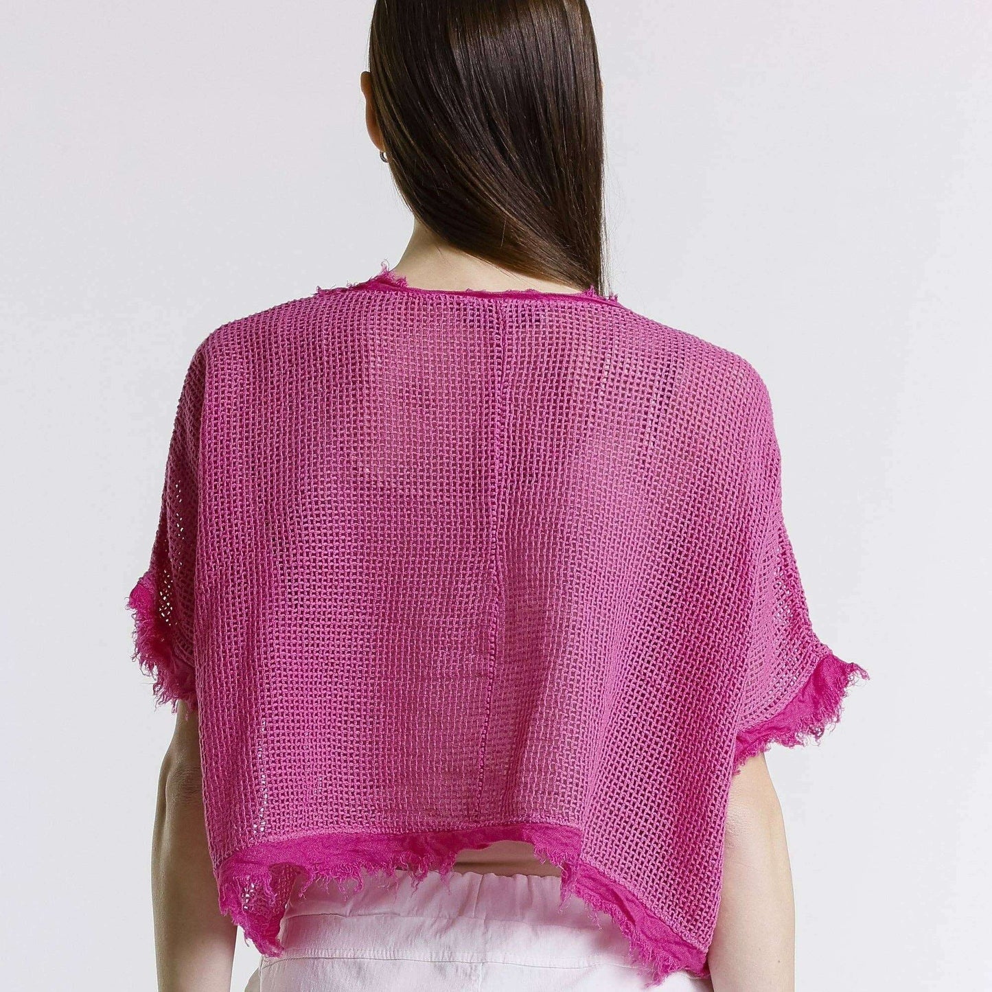 [TINA Stephens Italy/Tees By Tina - Yvonne Short Sleeve Linen Fringe Top (BSS905): 672 Fuchsia / One Size], [CLOTHING], [TINA Stephens Italy/Tees By Tina], [Plum Bottom].