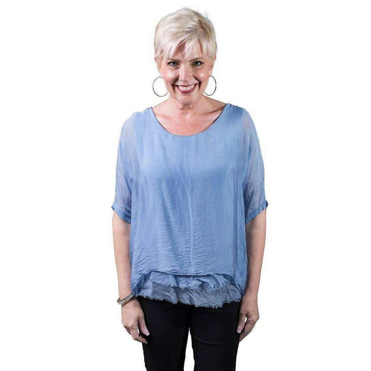 [TINA Stephens Italy/Tees By Tina - Adriana Silk Double Raw Edge Top (BQ209): 427 Jeans / One Size], [], [TINA Stephens Italy/Tees By Tina], [Plum Bottom].