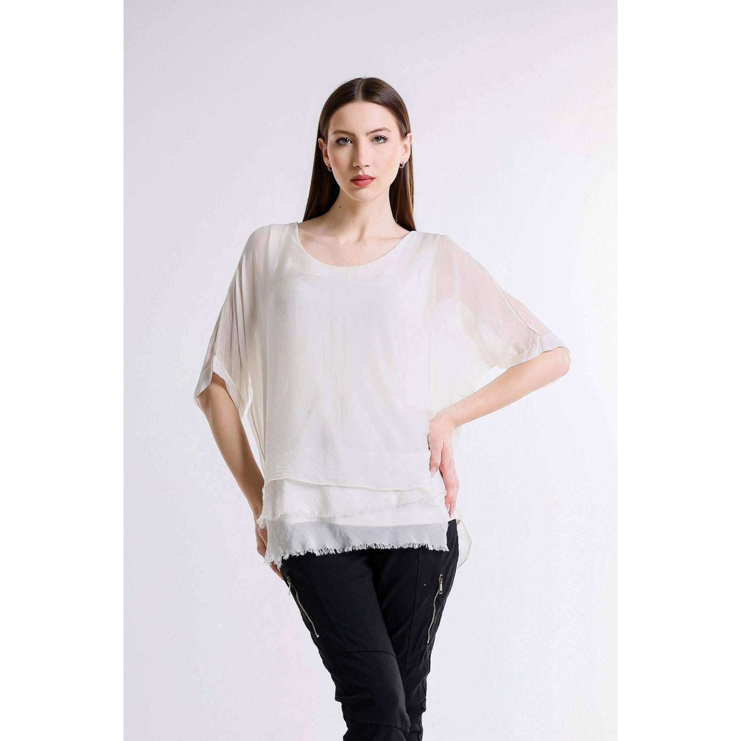 [TINA Stephens Italy/Tees By Tina - Adriana Silk Double Raw Edge Top (BQ209): 427 Jeans / One Size], [], [TINA Stephens Italy/Tees By Tina], [Plum Bottom].