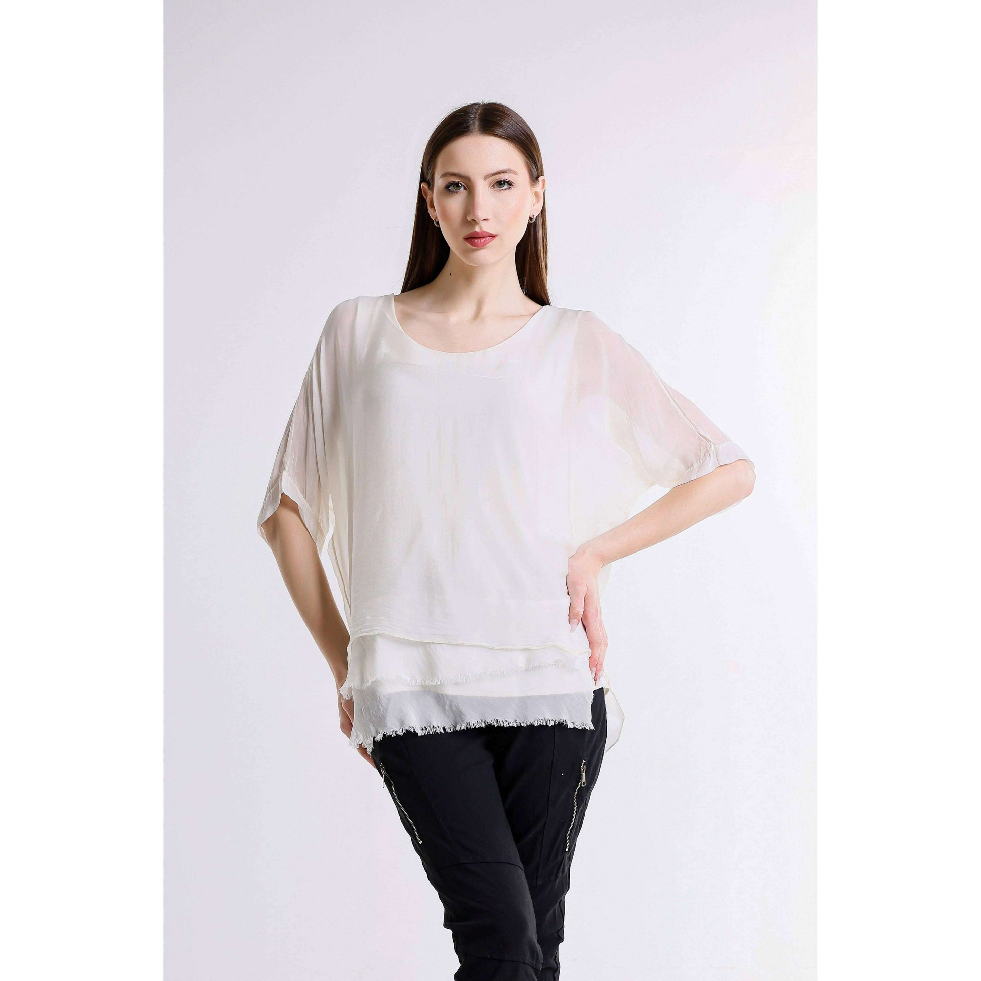 [TINA Stephens Italy/Tees By Tina - Adriana Silk Double Raw Edge Top (BQ209): 427 Jeans / One Size], [], [TINA Stephens Italy/Tees By Tina], [Plum Bottom].