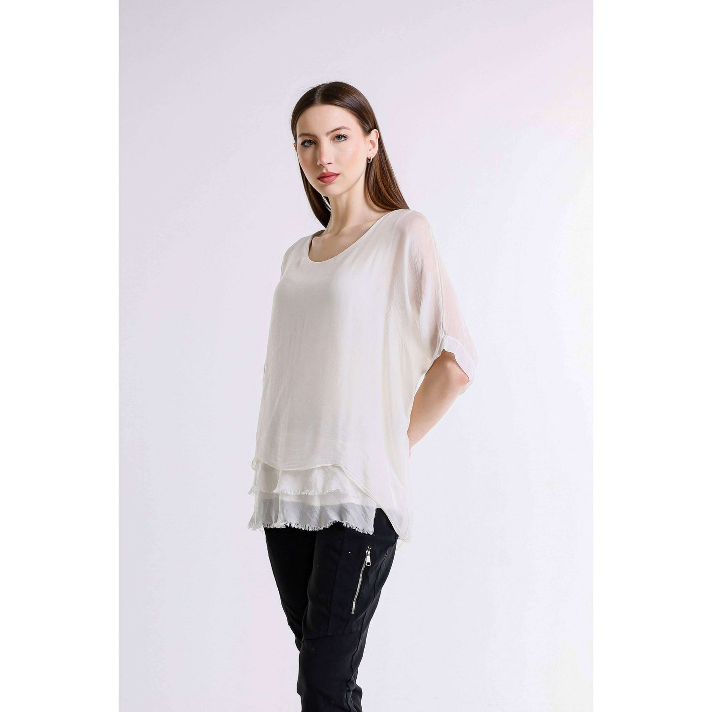 [TINA Stephens Italy/Tees By Tina - Adriana Silk Double Raw Edge Top (BQ209): 427 Jeans / One Size], [], [TINA Stephens Italy/Tees By Tina], [Plum Bottom].