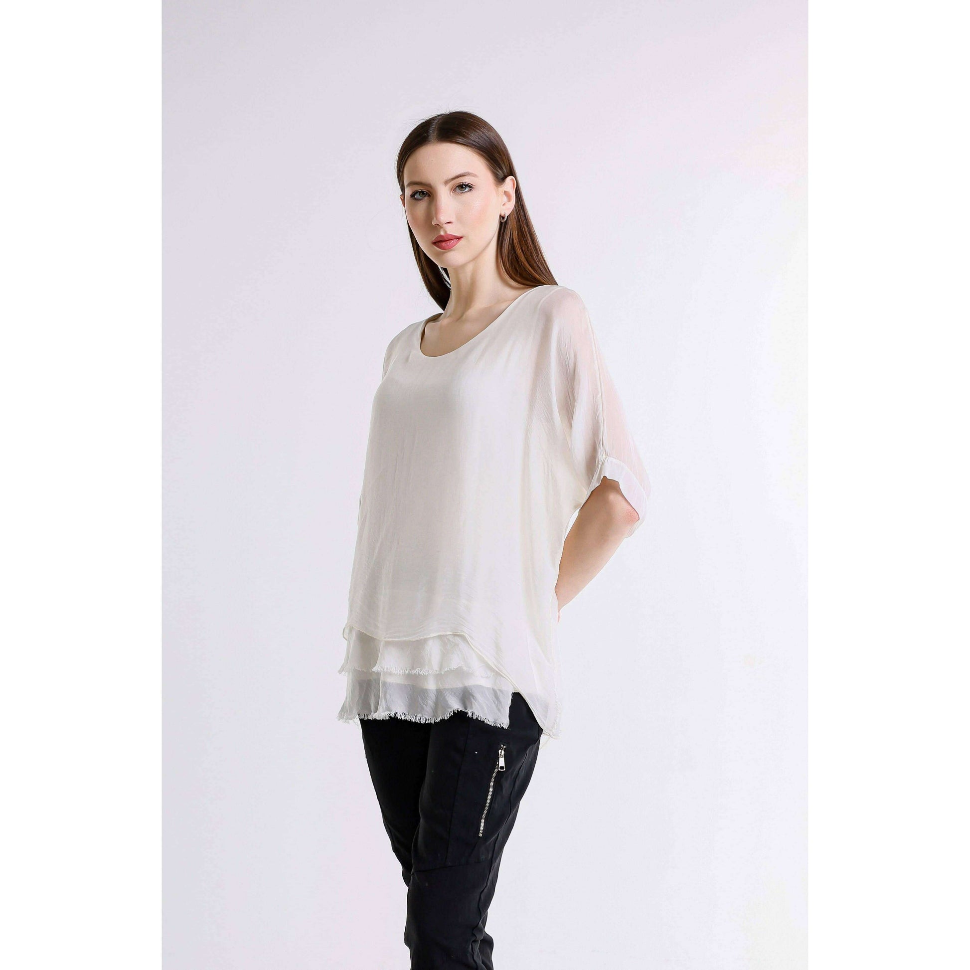 [TINA Stephens Italy/Tees By Tina - Adriana Silk Double Raw Edge Top (BQ209): 427 Jeans / One Size], [], [TINA Stephens Italy/Tees By Tina], [Plum Bottom].