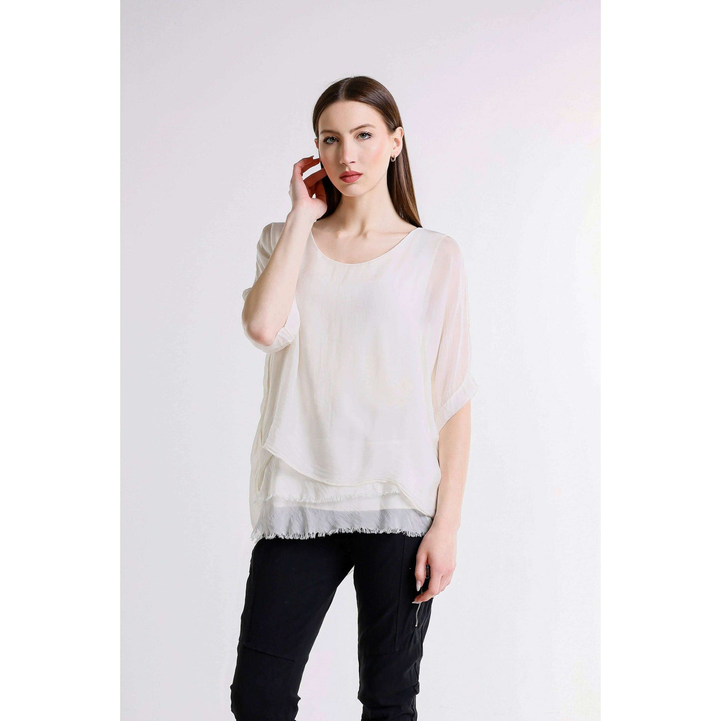 [TINA Stephens Italy/Tees By Tina - Adriana Silk Double Raw Edge Top (BQ209): 427 Jeans / One Size], [], [TINA Stephens Italy/Tees By Tina], [Plum Bottom].