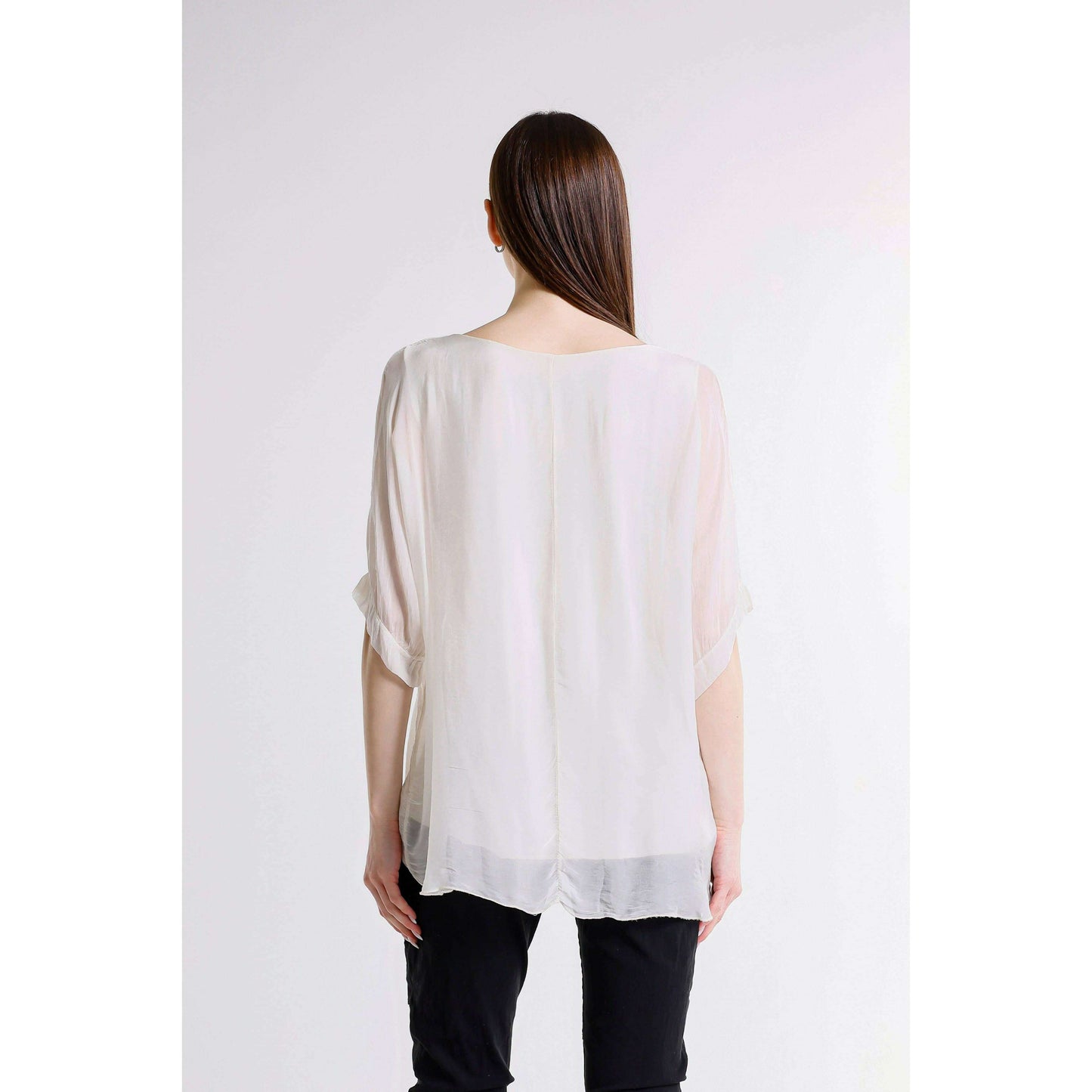 [TINA Stephens Italy/Tees By Tina - Adriana Silk Double Raw Edge Top (BQ209): 427 Jeans / One Size], [], [TINA Stephens Italy/Tees By Tina], [Plum Bottom].