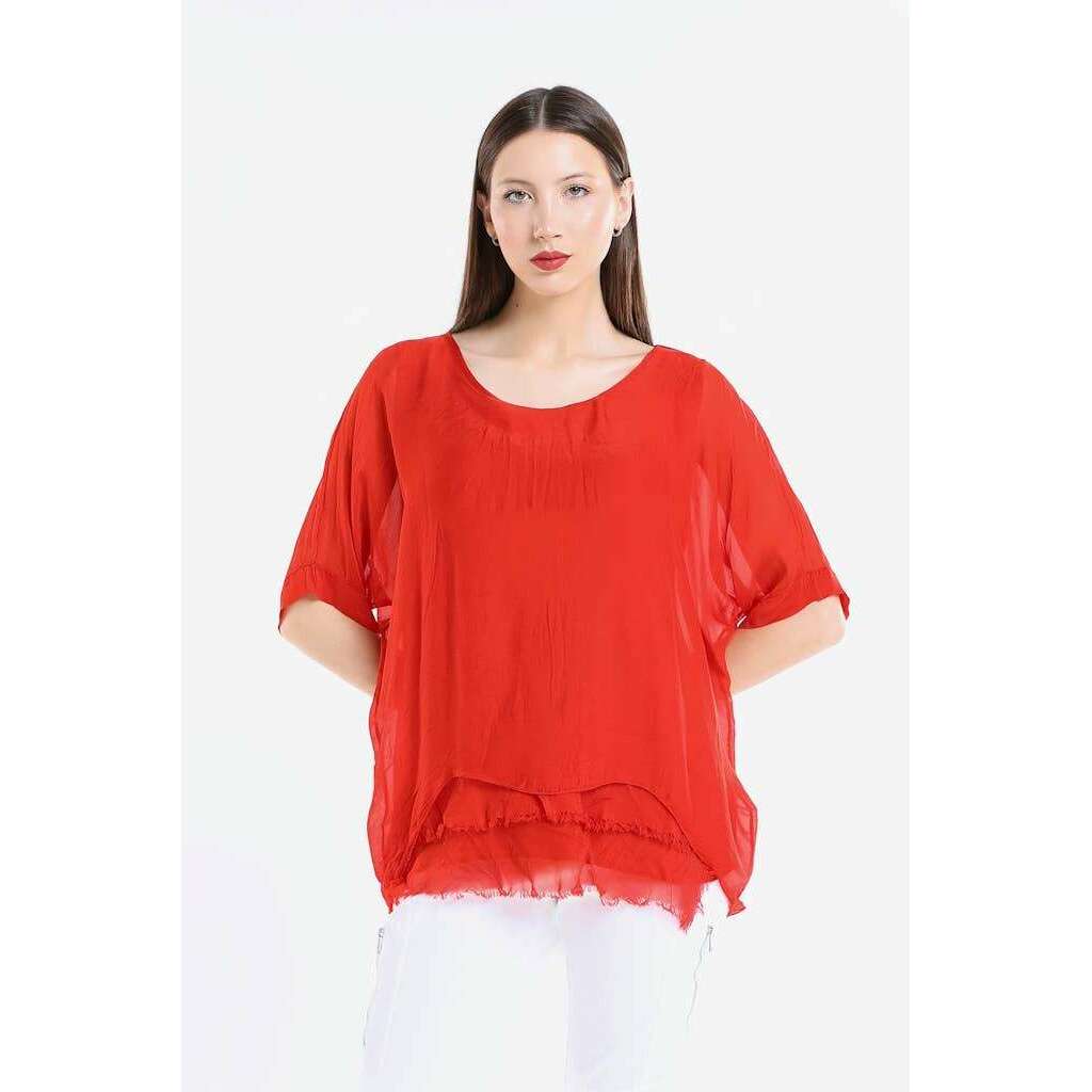 [TINA Stephens Italy/Tees By Tina - Adriana Silk Double Raw Edge Top (BQ209): 427 Jeans / One Size], [], [TINA Stephens Italy/Tees By Tina], [Plum Bottom].